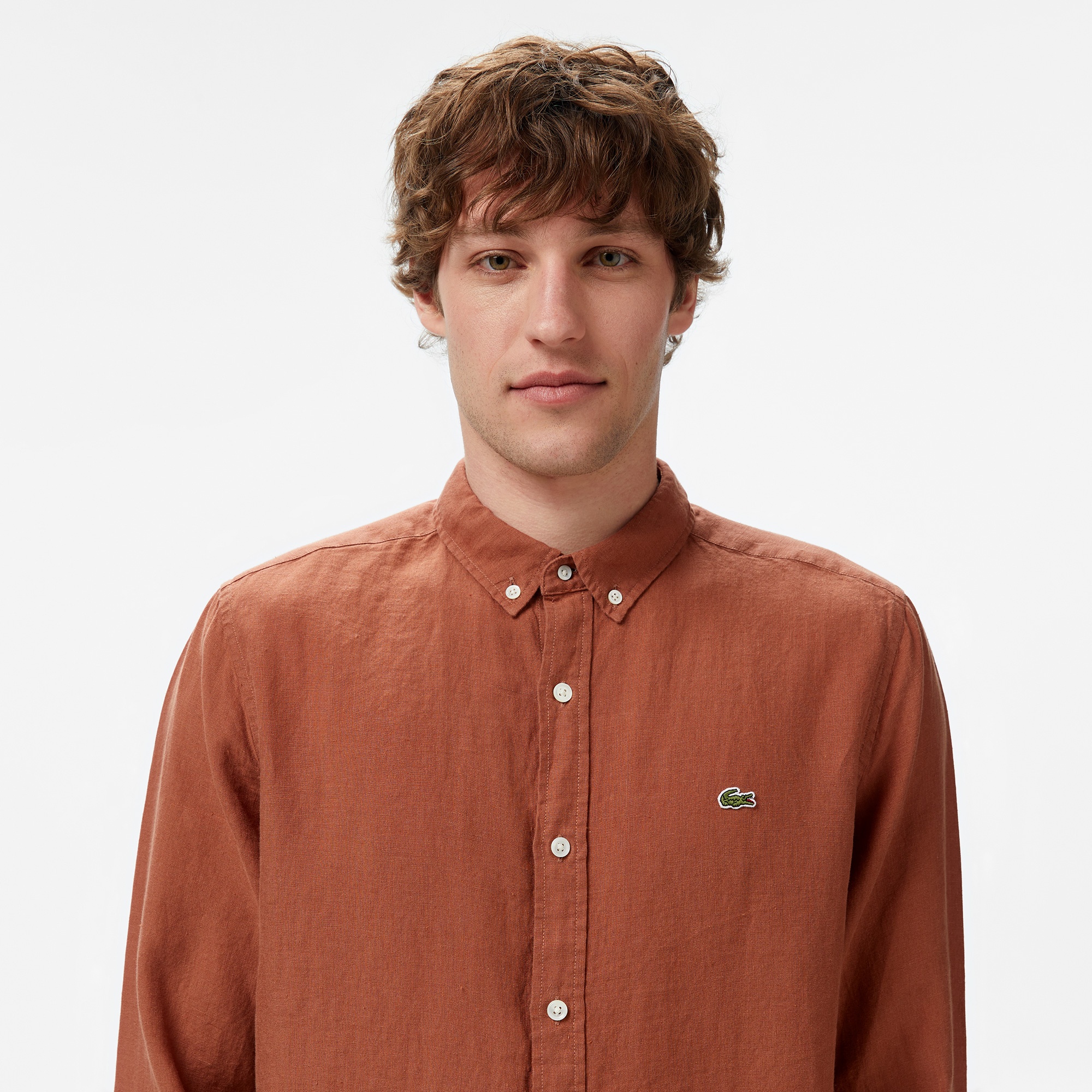 Lacoste Erkek Regular Fit Düğmeli Yaka Keten Kahverengi Gömlek