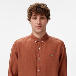 Lacoste Erkek Regular Fit Düğmeli Yaka Keten Kahverengi Gömlek Kahverengi