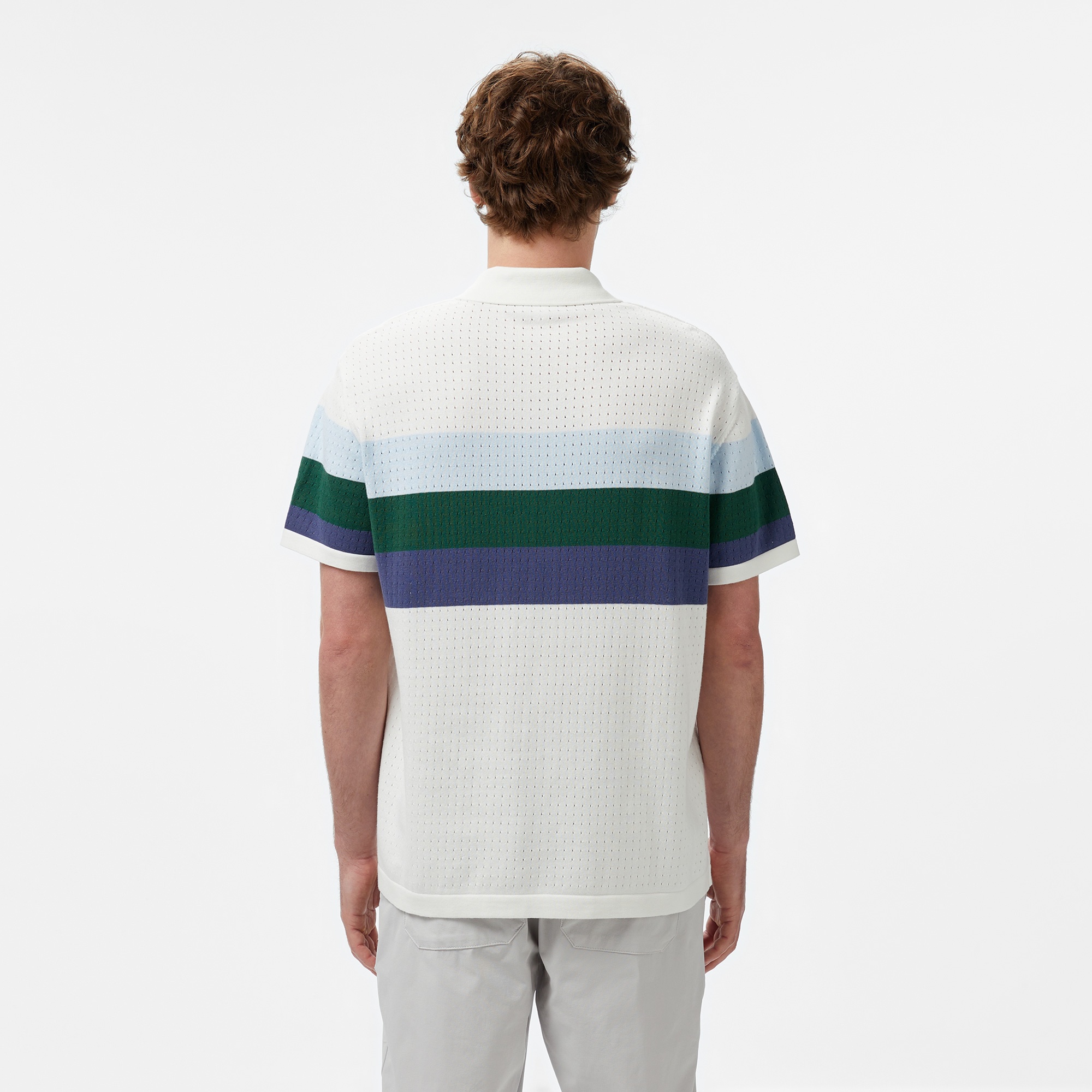 Lacoste Erkek Kısa Kollu Polo Yaka Çizgili Beyaz Triko