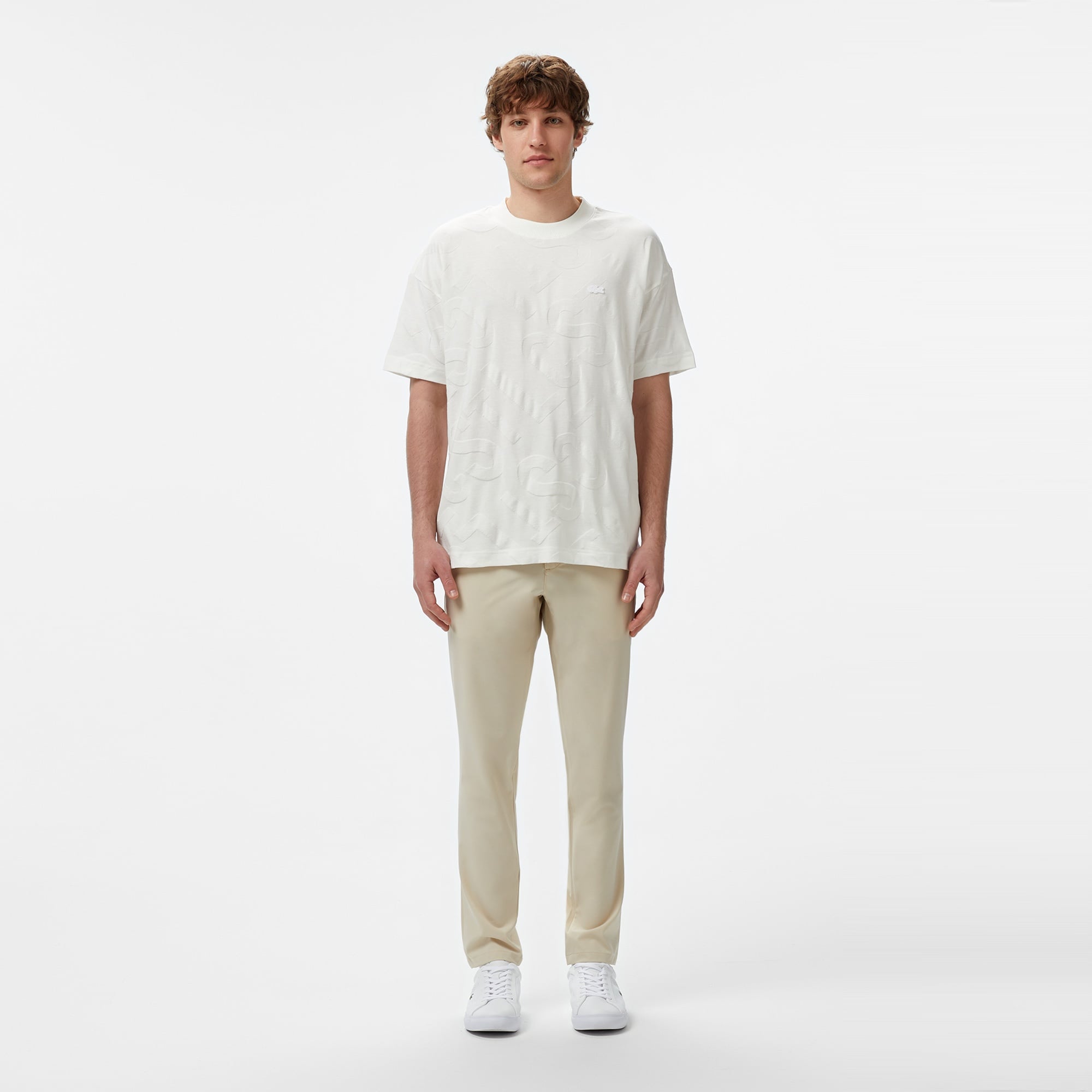 Erkek Bisiklet Yaka Desenli Beyaz T-Shirt