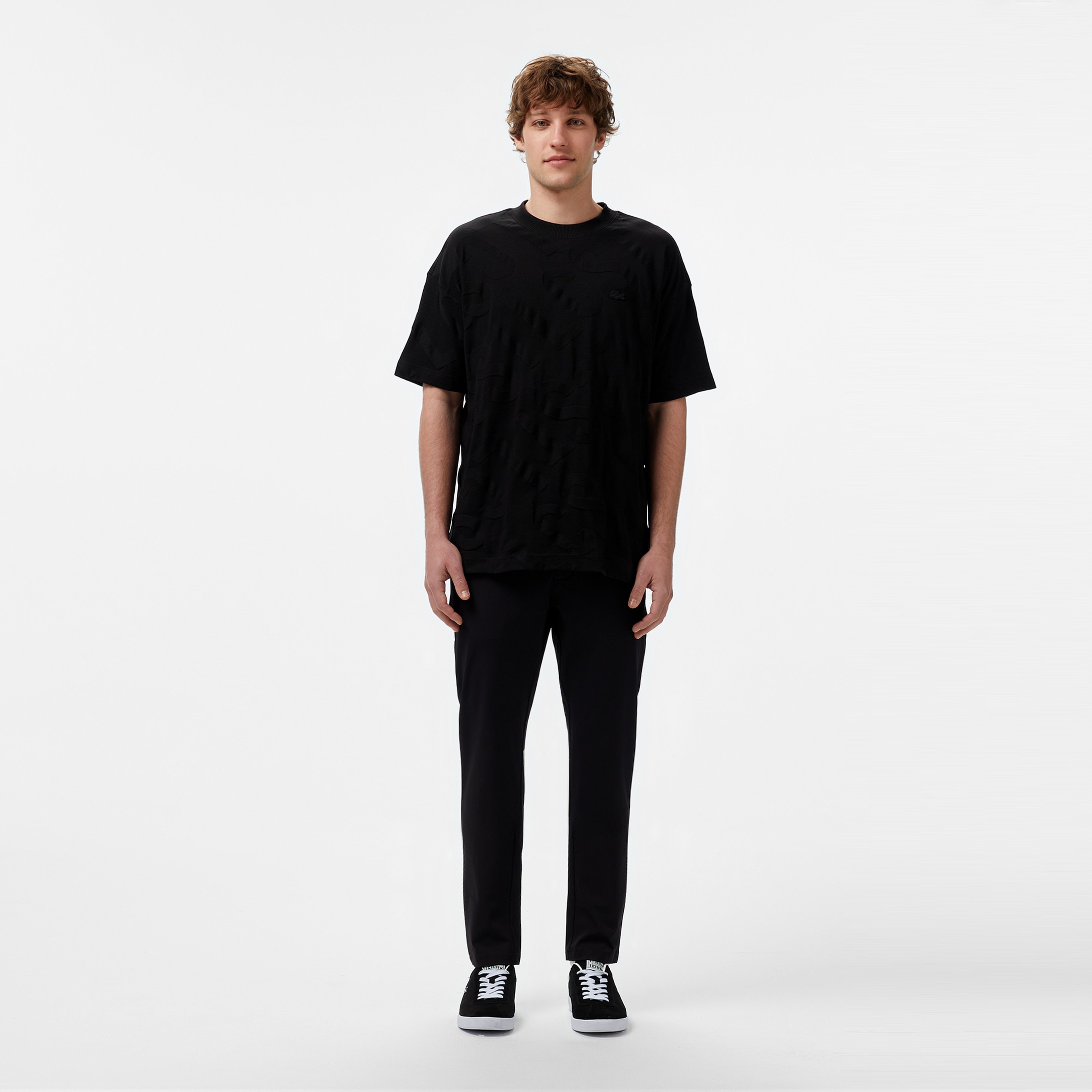 Erkek Bisiklet Yaka Desenli Siyah T-Shirt