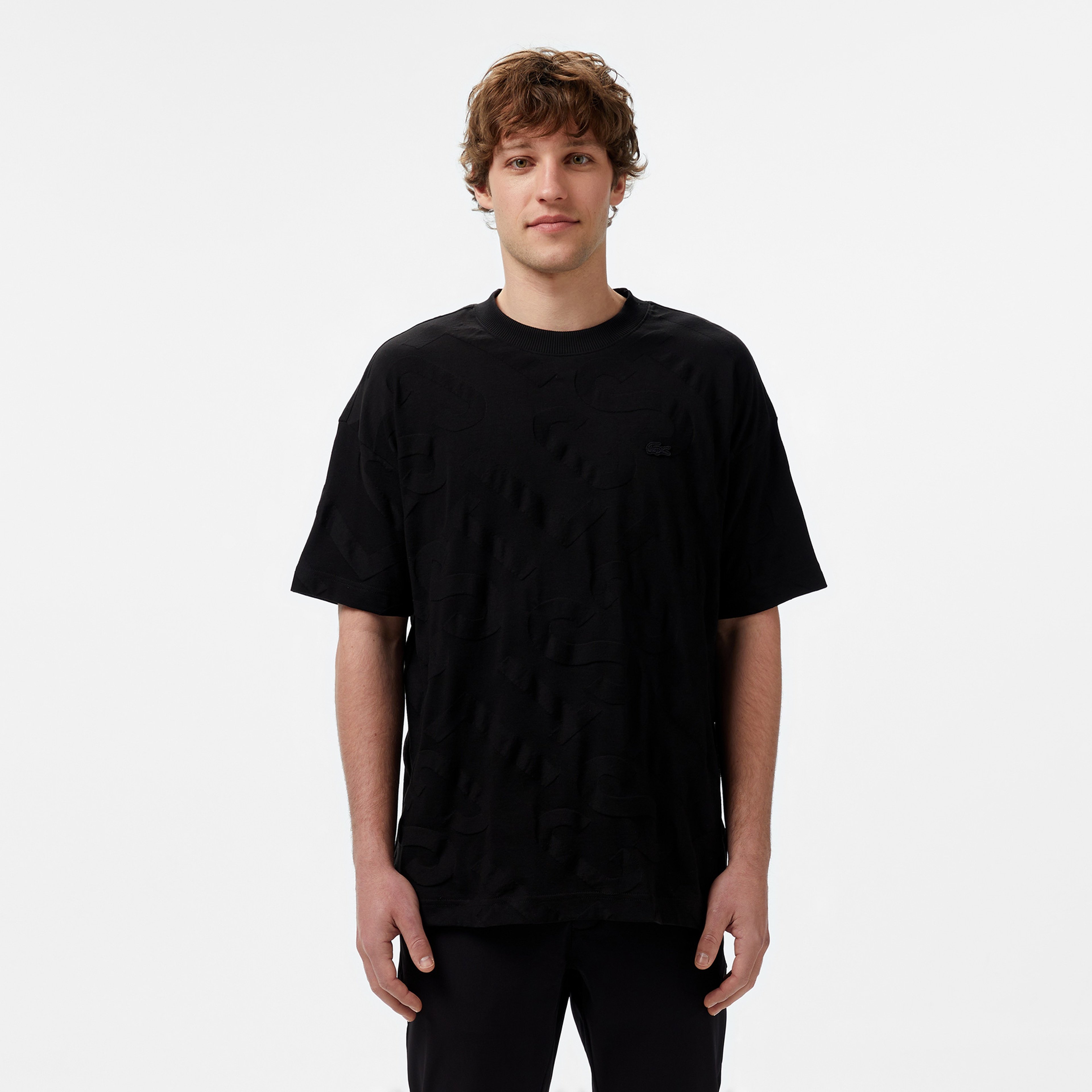 Erkek Bisiklet Yaka Desenli Siyah T-Shirt