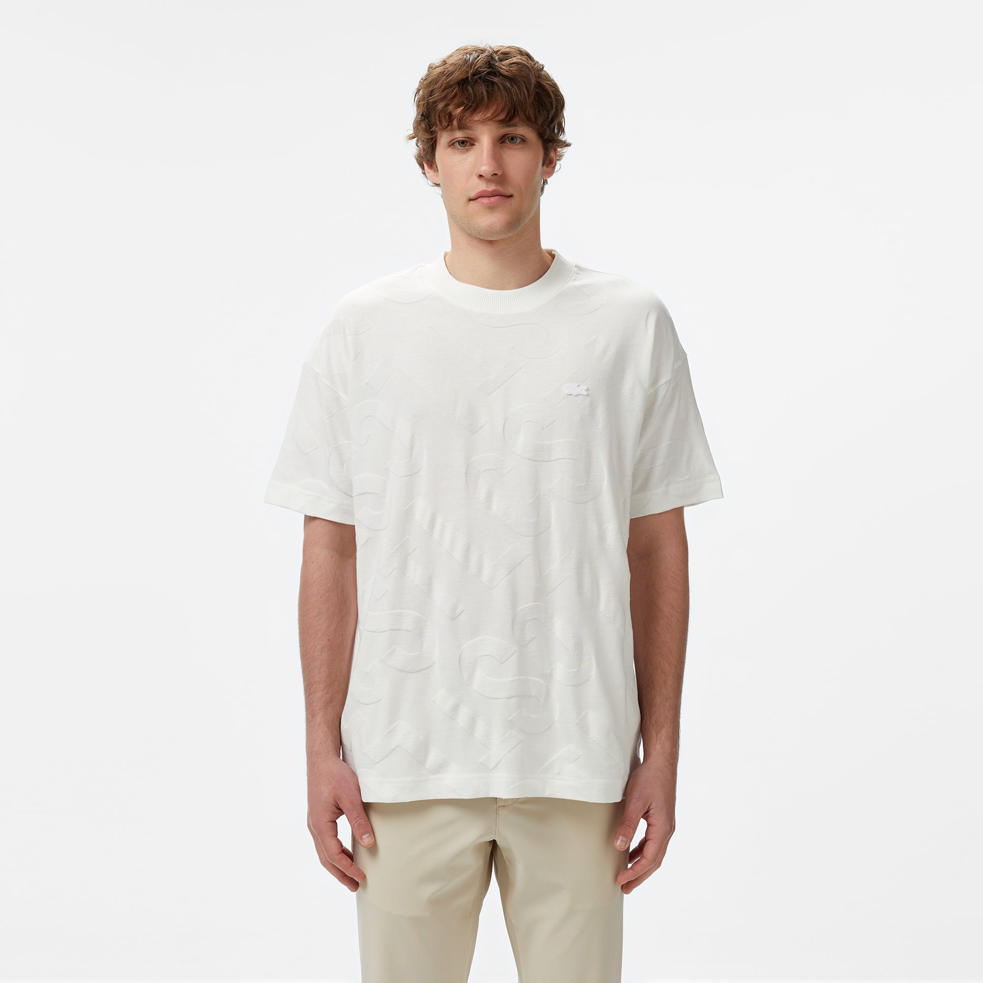 Erkek Bisiklet Yaka Desenli Beyaz T-Shirt