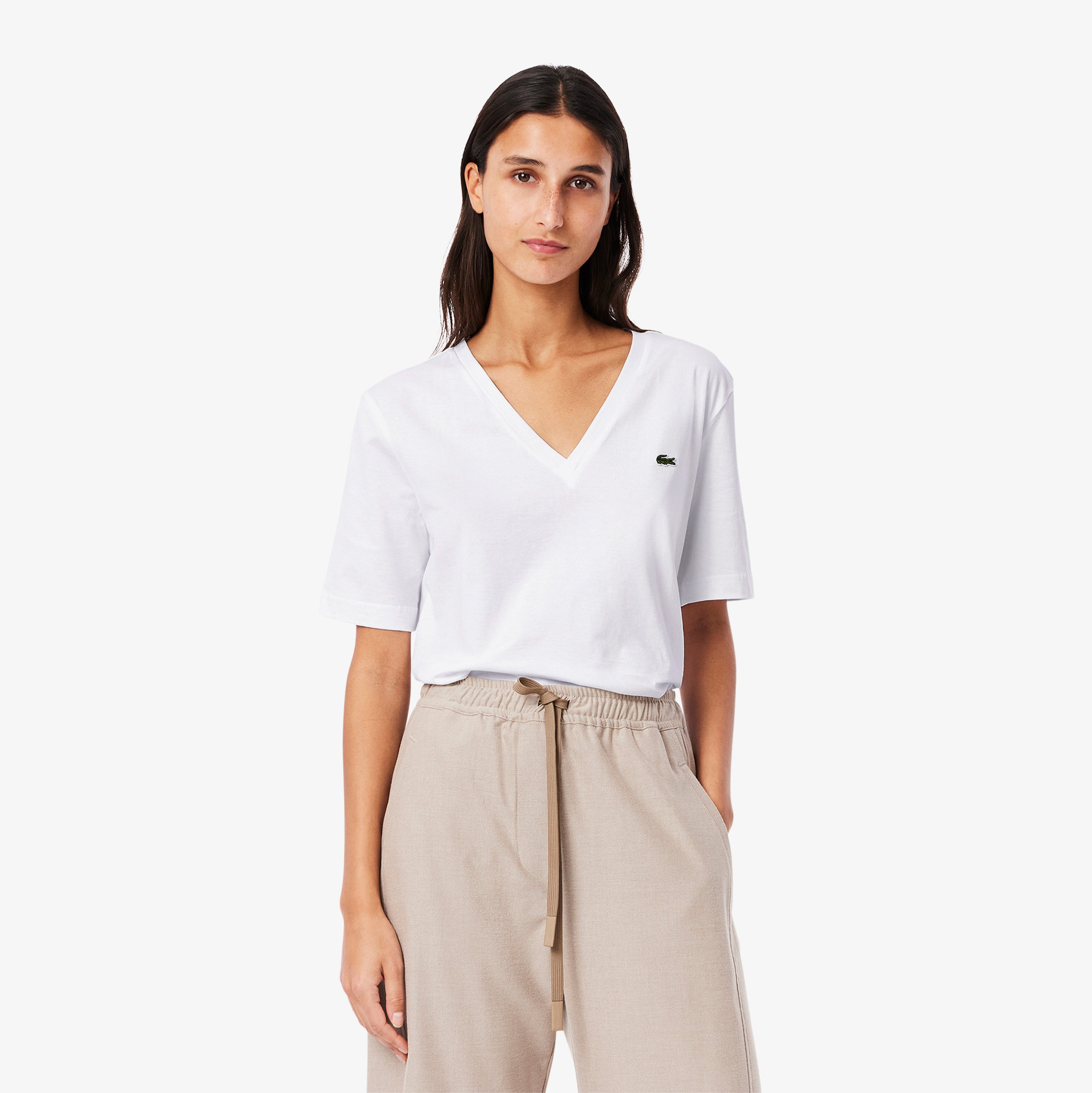 Kadın Relaxed Fit V Yaka Beyaz T-Shirt