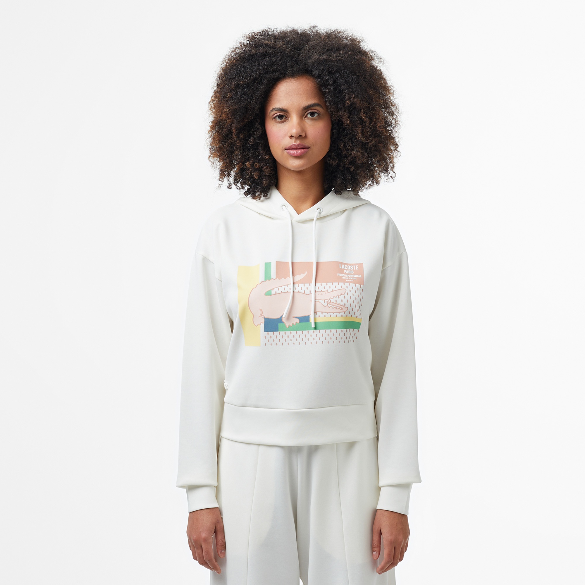 Lacoste Kadın Relaxed Fit Kapüşonlu Baskılı Beyaz Sweatshirt