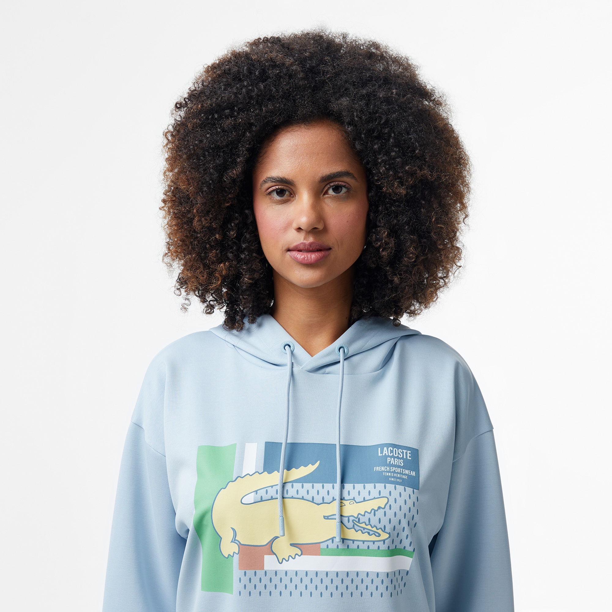 Lacoste Kadın Relaxed Fit Kapüşonlu Baskılı Açık Mavi Sweatshirt
