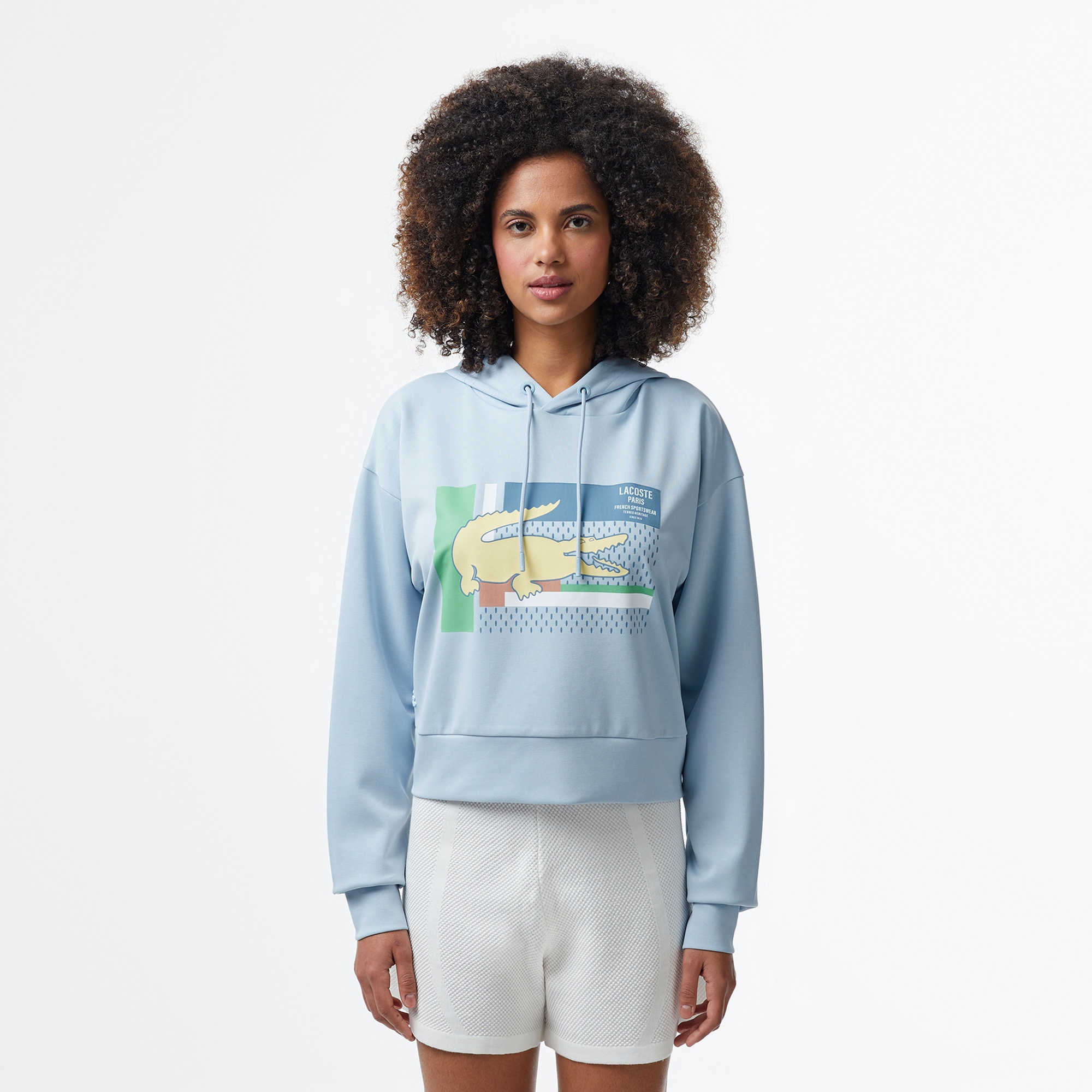 Lacoste Kadın Relaxed Fit Kapüşonlu Baskılı Açık Mavi Sweatshirt