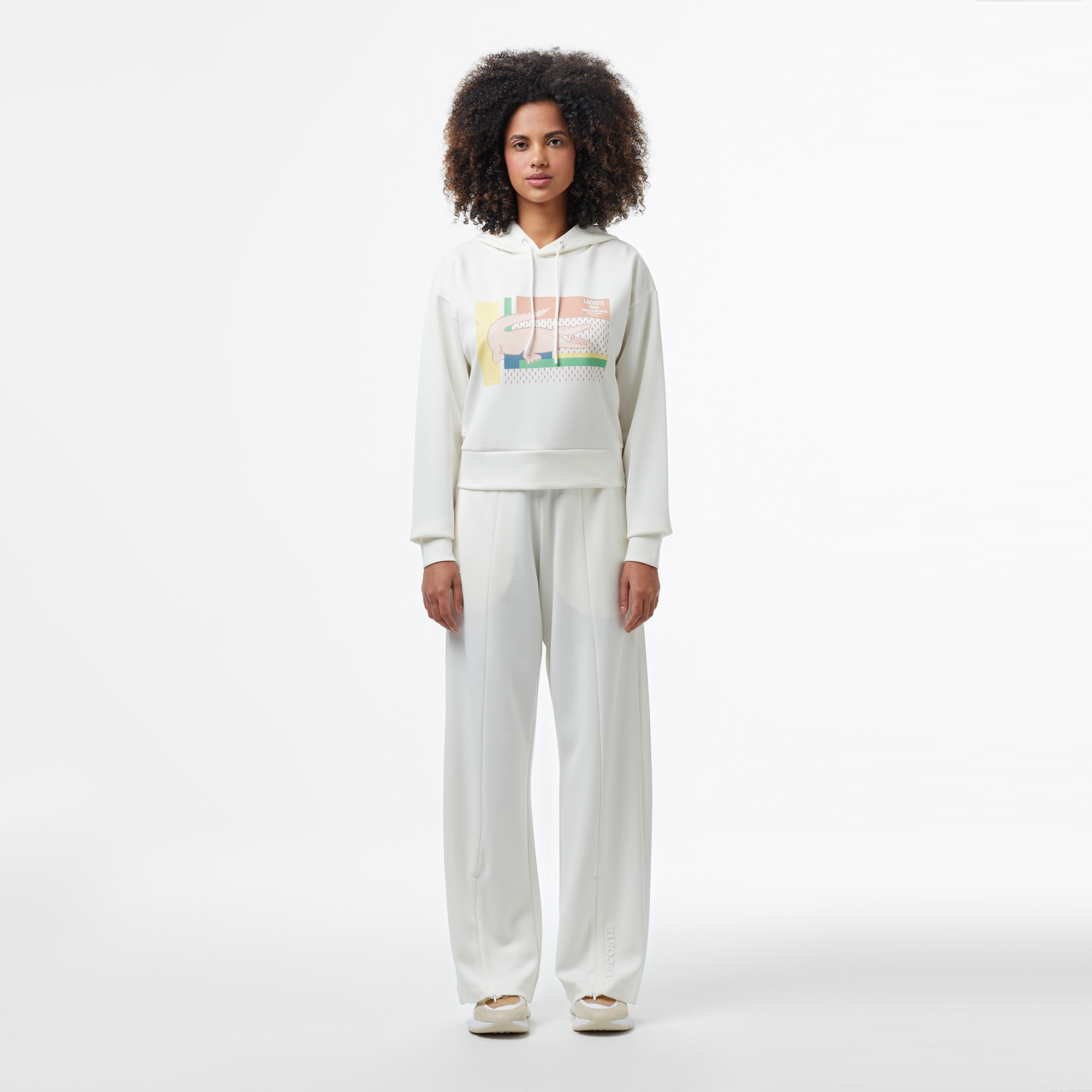 Lacoste Kadın Relaxed Fit Kapüşonlu Baskılı Beyaz Sweatshirt