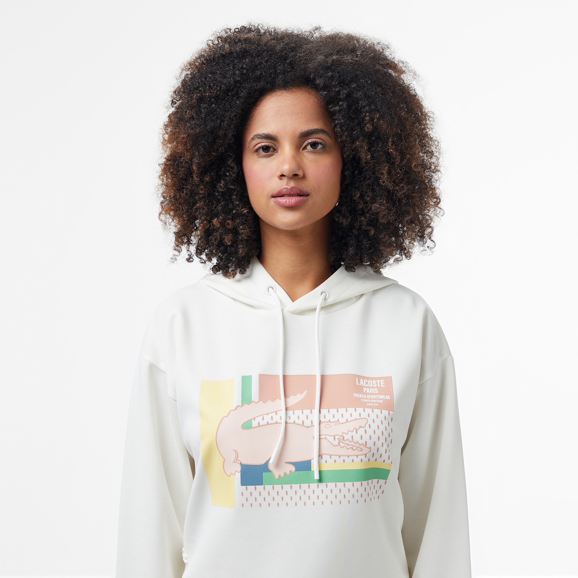 Lacoste Kadın Relaxed Fit Kapüşonlu Baskılı Beyaz Sweatshirt
