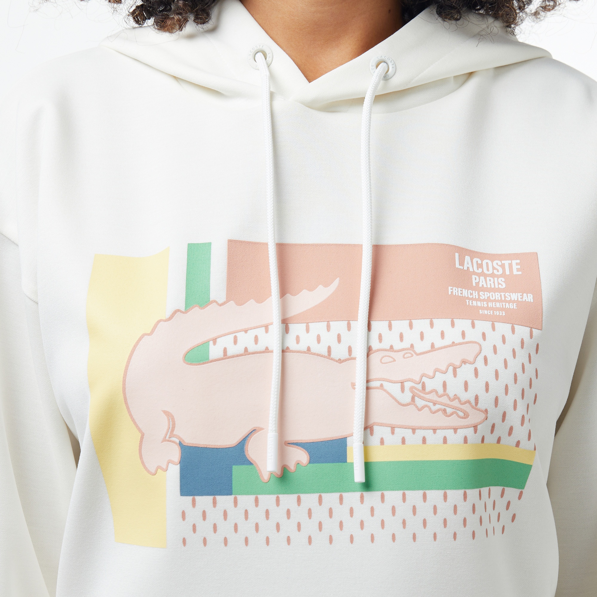 Lacoste Kadın Relaxed Fit Kapüşonlu Baskılı Beyaz Sweatshirt