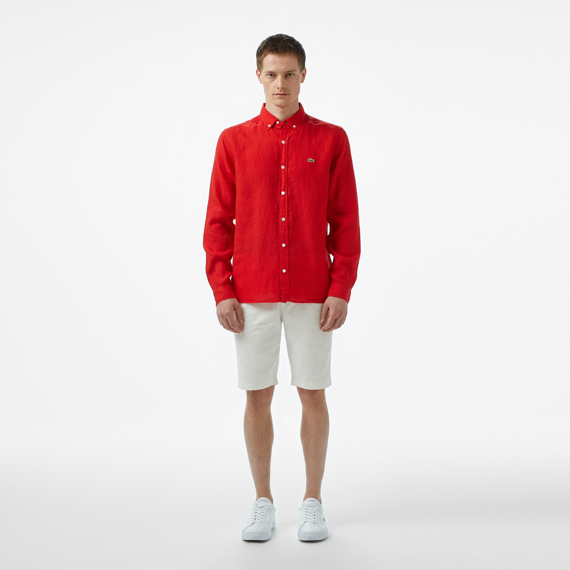 Lacoste Erkek Regular Fit Düğmeli Yaka Keten Kırmızı Gömlek görsel 4