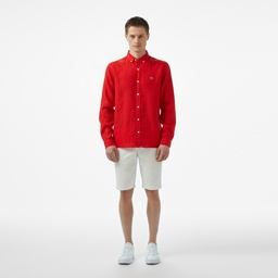 Erkek Regular Fit Düğmeli Yaka Keten Kırmızı Gömlek Kırmızı