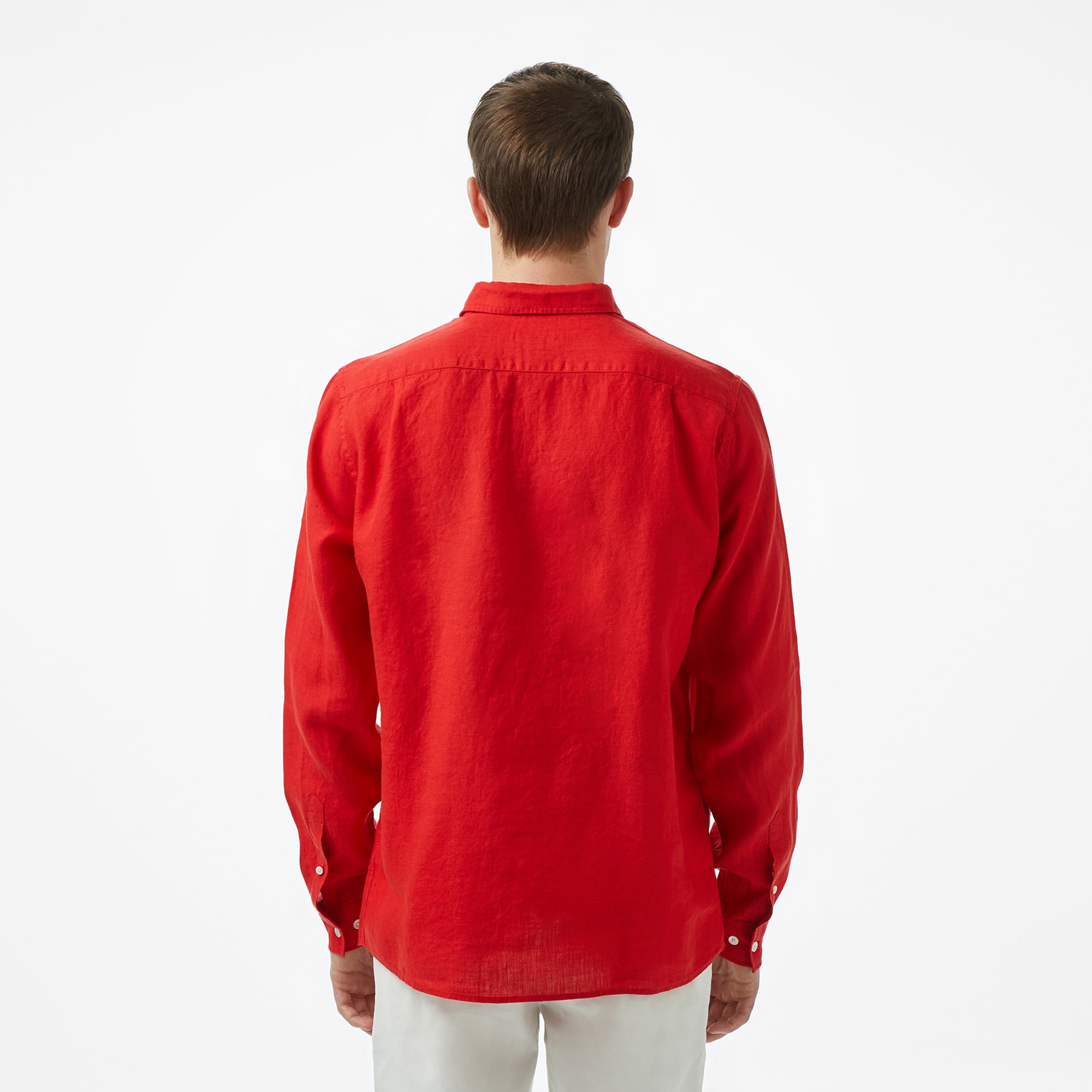 Lacoste Erkek Regular Fit Düğmeli Yaka Keten Kırmızı Gömlek görsel 3