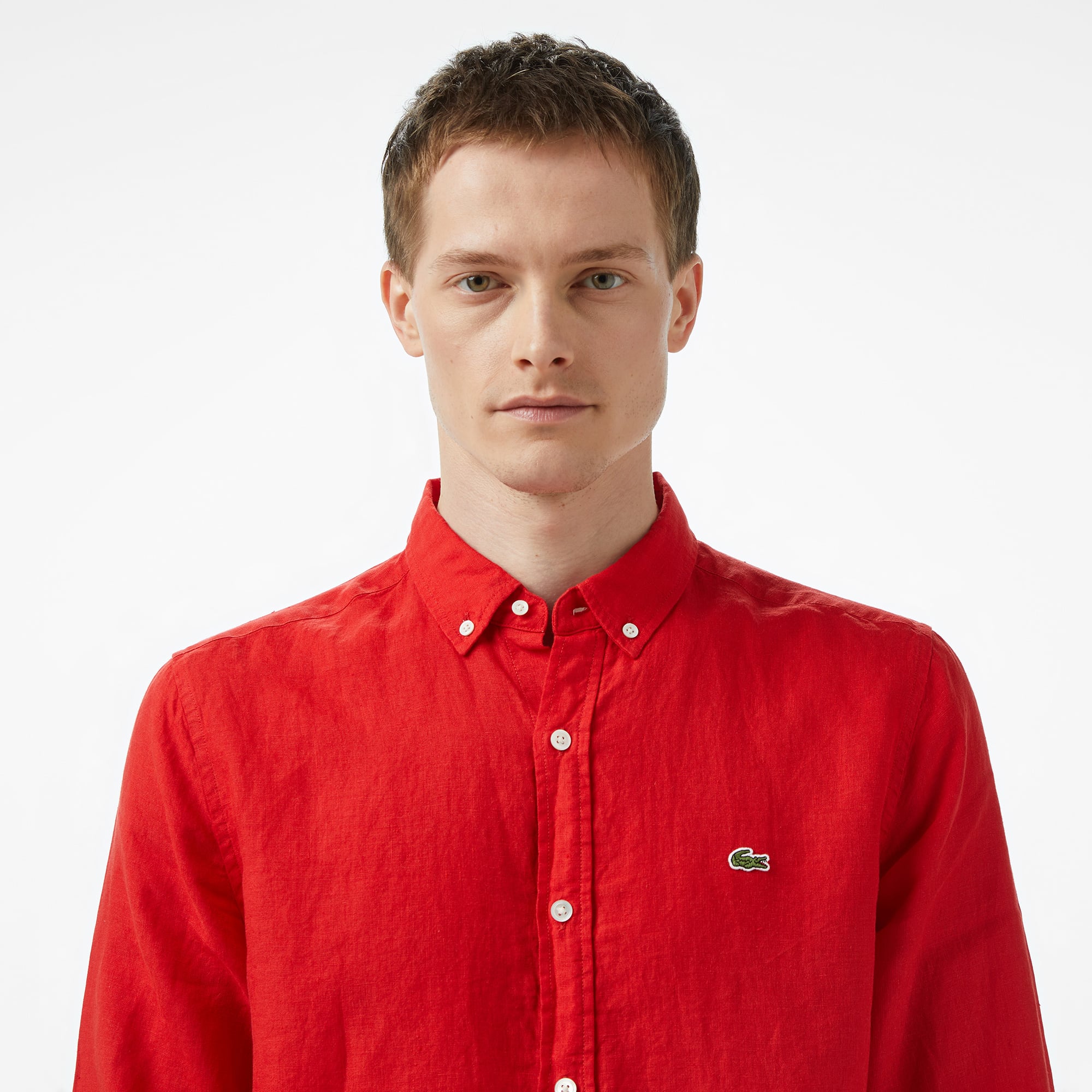 Lacoste Erkek Regular Fit Düğmeli Yaka Keten Kırmızı Gömlek görsel 2