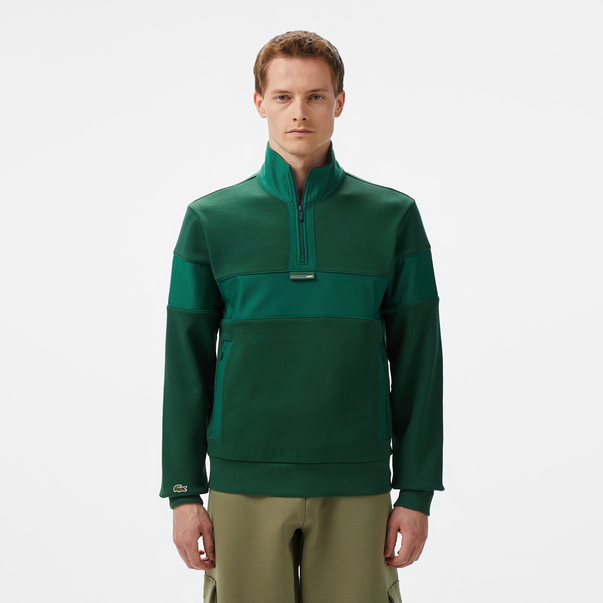 Lacoste Erkek Classic Fit Yarım Fermuarlı Renk Bloklu Koyu Yeşil Sweatshirt
