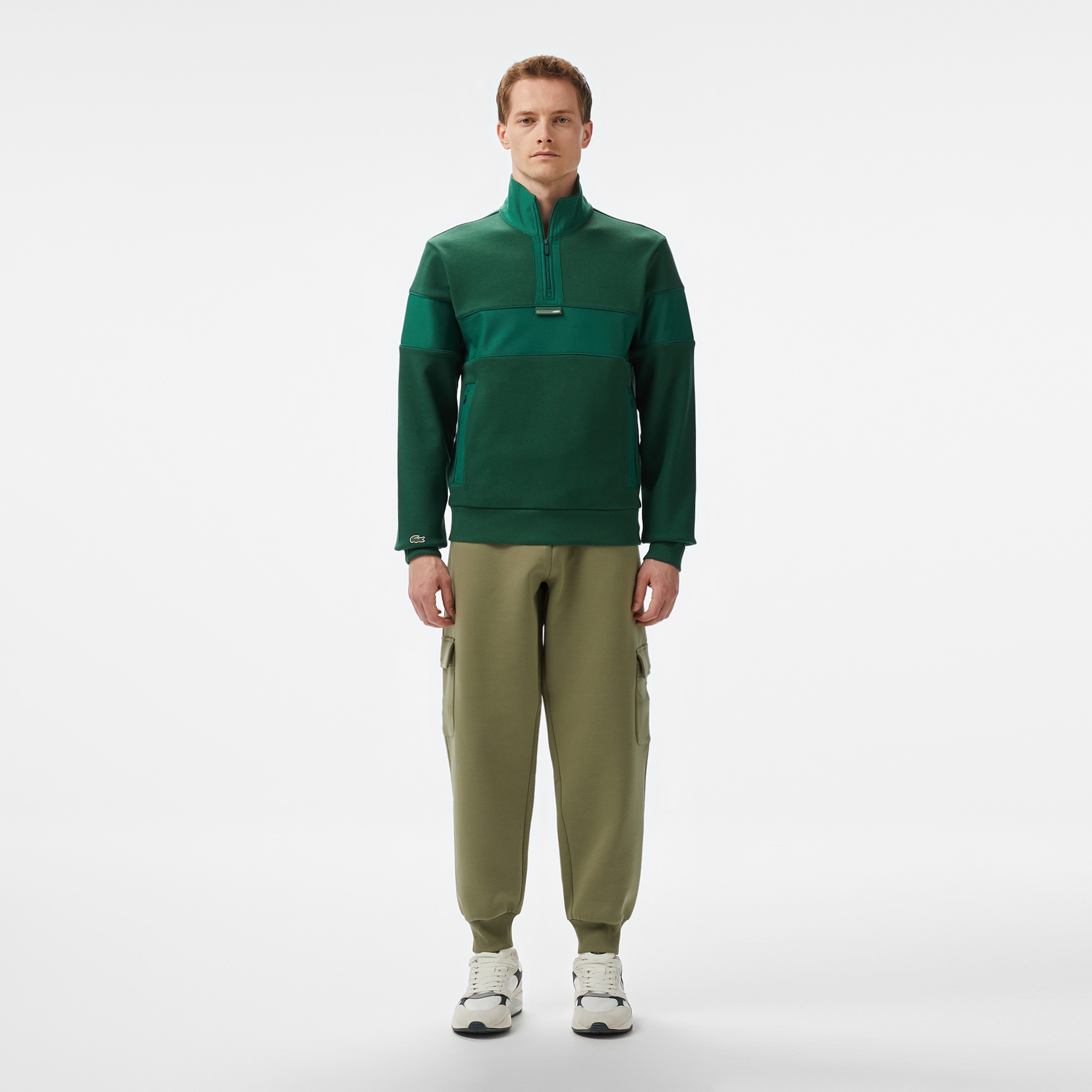 Lacoste Erkek Classic Fit Yarım Fermuarlı Renk Bloklu Koyu Yeşil Sweatshirt