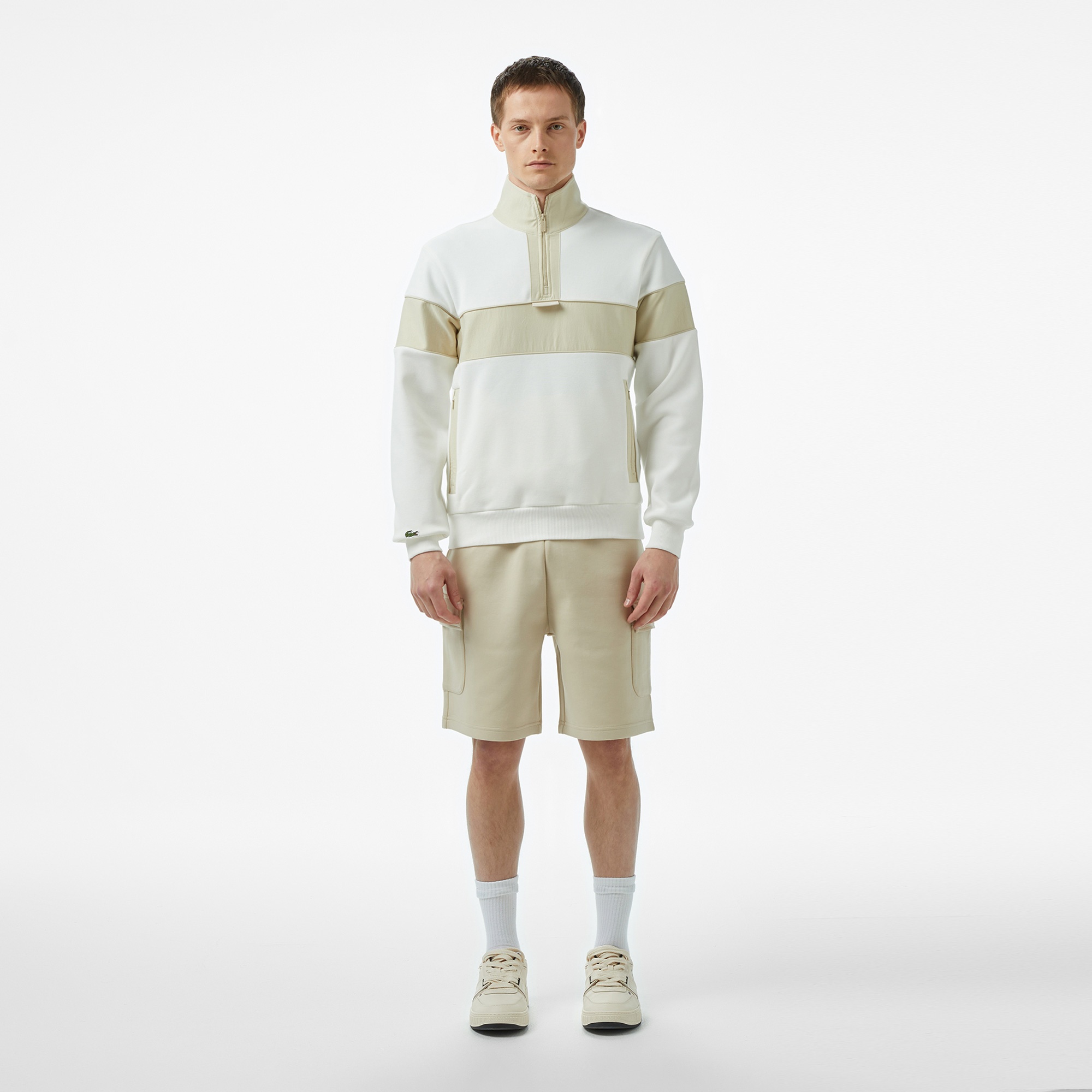 Lacoste Erkek Classic Fit Yarım Fermuarlı Renk Bloklu Beyaz Sweatshirt