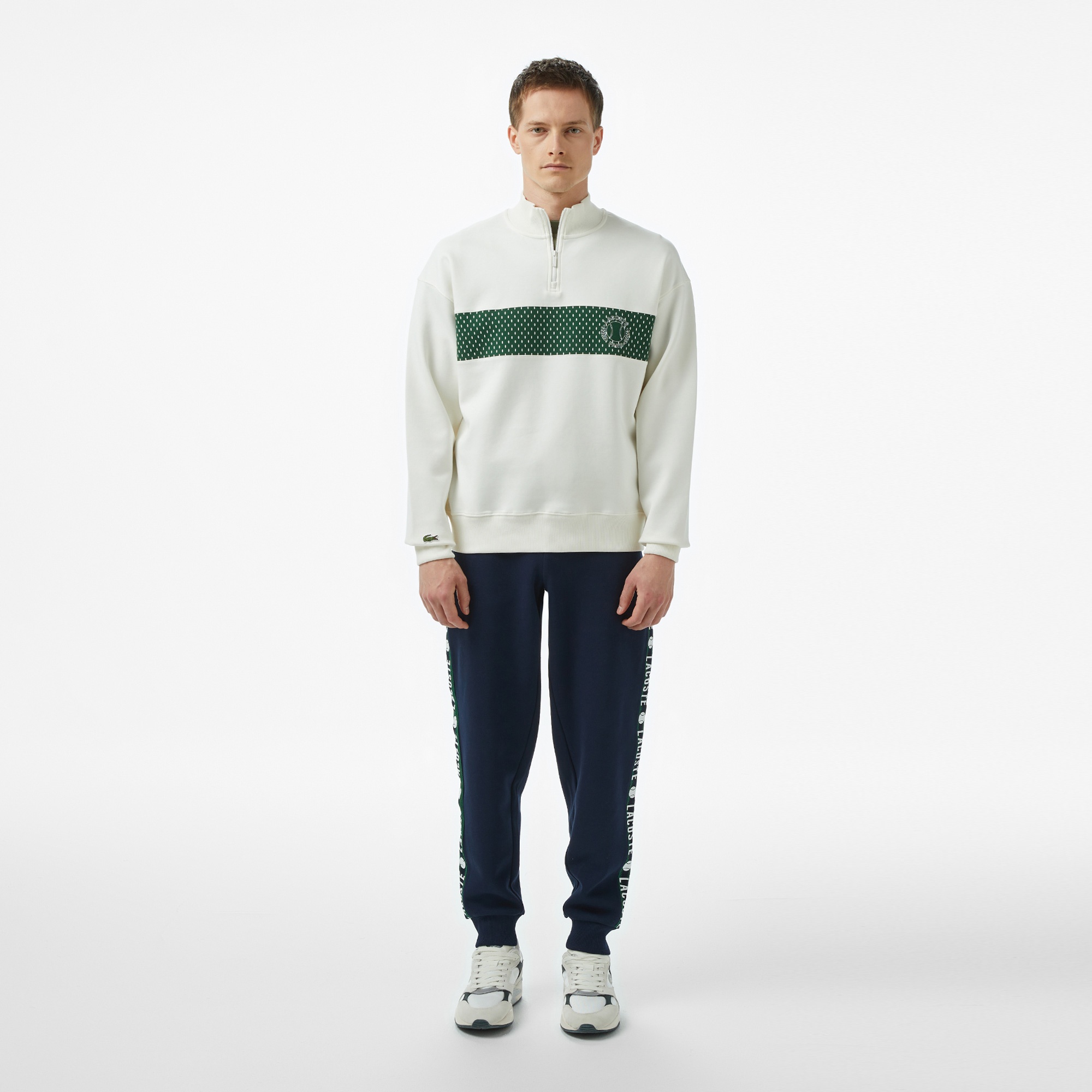 Lacoste Erkek Loose Fit Yarım Fermuarlı Baskılı Beyaz Sweatshirt