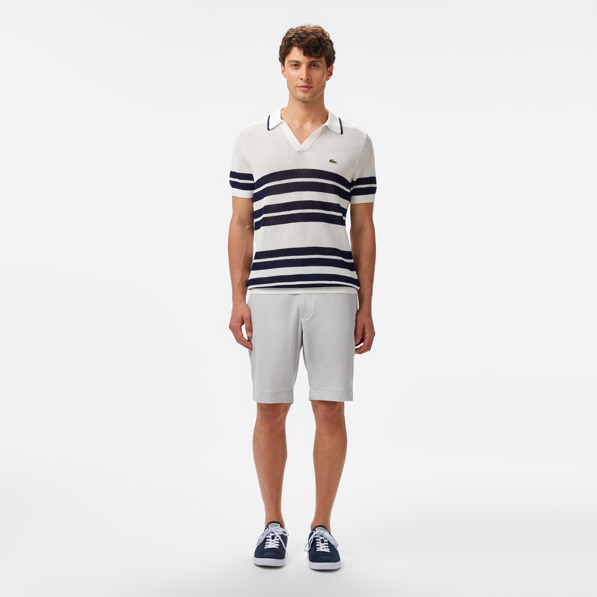 Lacoste Erkek Classic Fit Kısa Kollu Polo Yaka Çizgili Beyaz Triko