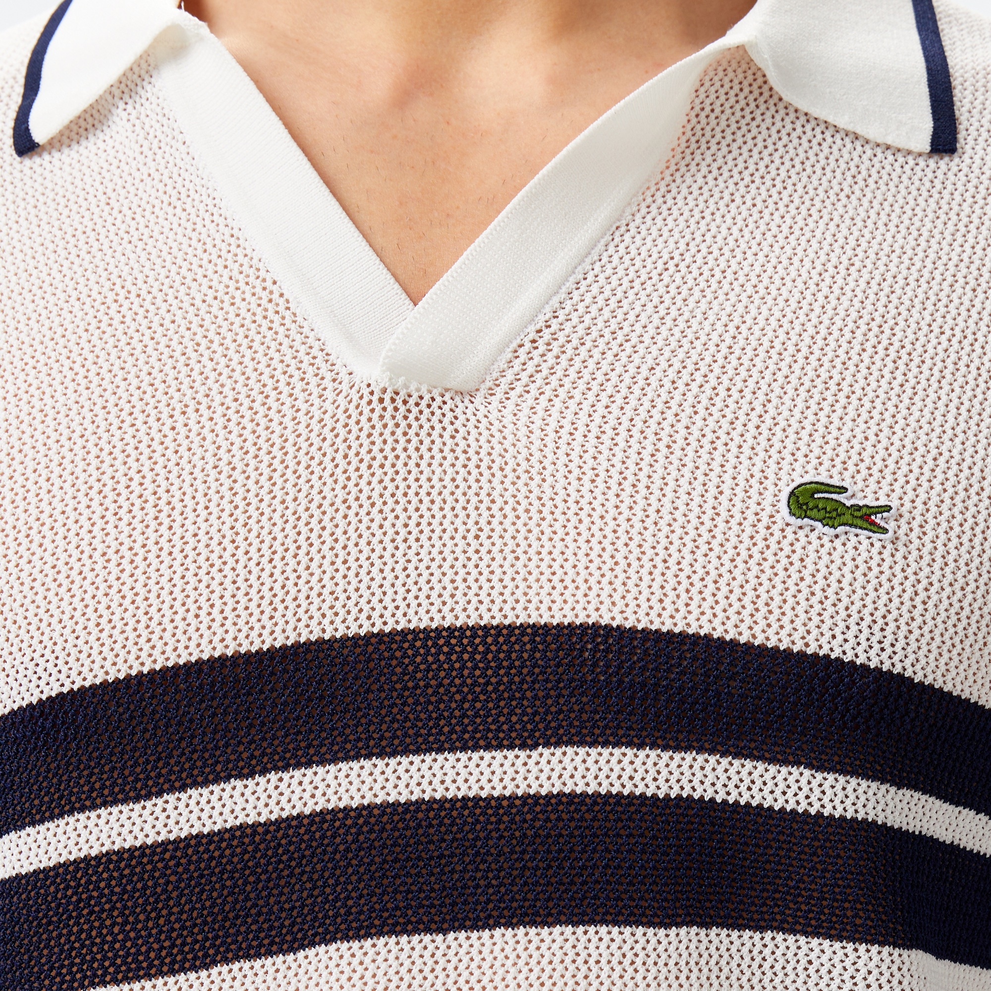 Lacoste Erkek Classic Fit Kısa Kollu Polo Yaka Çizgili Beyaz Triko