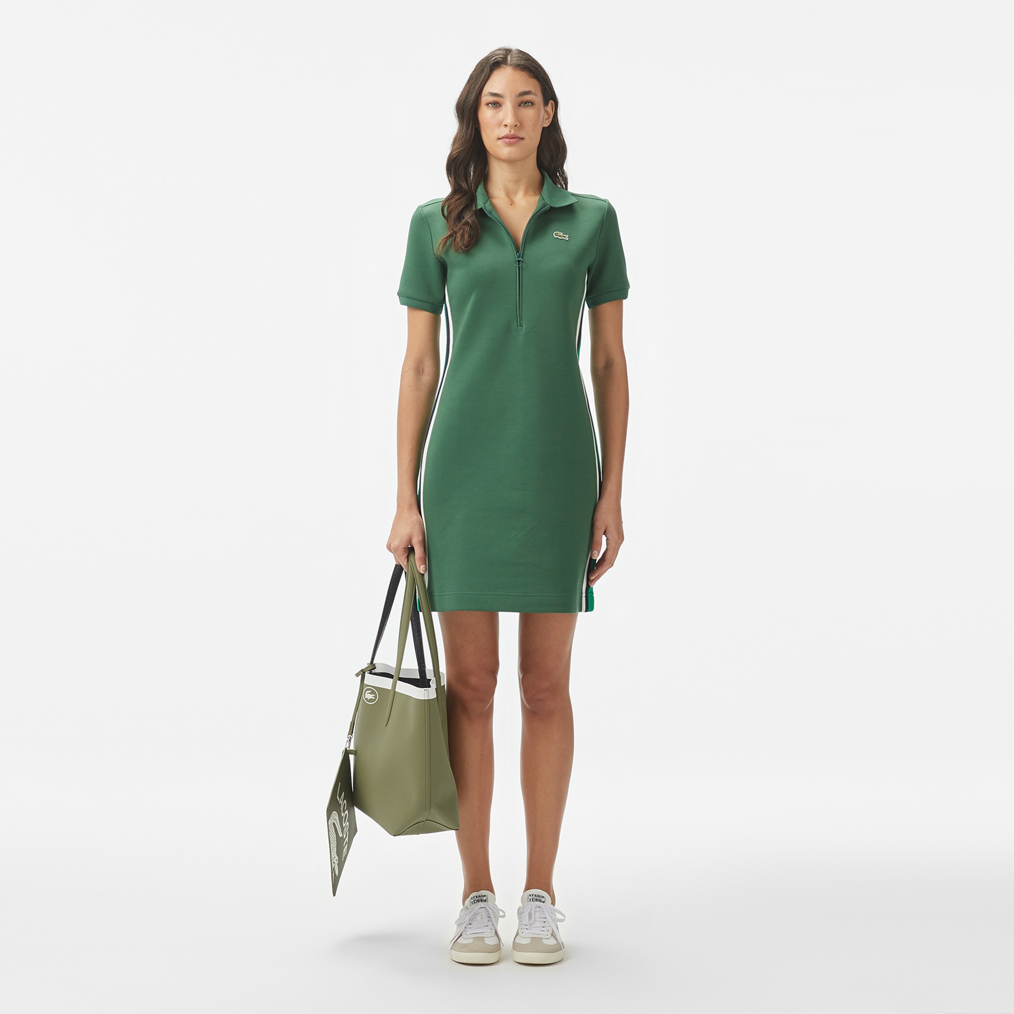 Lacoste Kadın Classic Fit Kısa Kollu Yarım Fermuarlı Renk Bloklu Koyu Yeşil Elbise