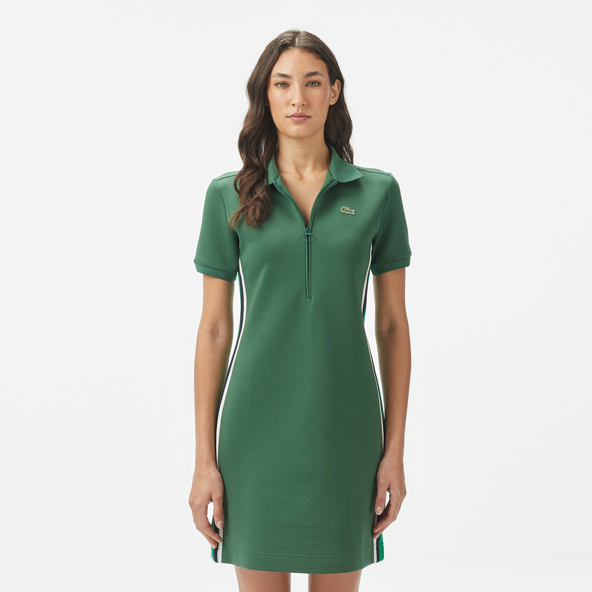Lacoste Kadın Classic Fit Kısa Kollu Yarım Fermuarlı Renk Bloklu Koyu Yeşil Elbise