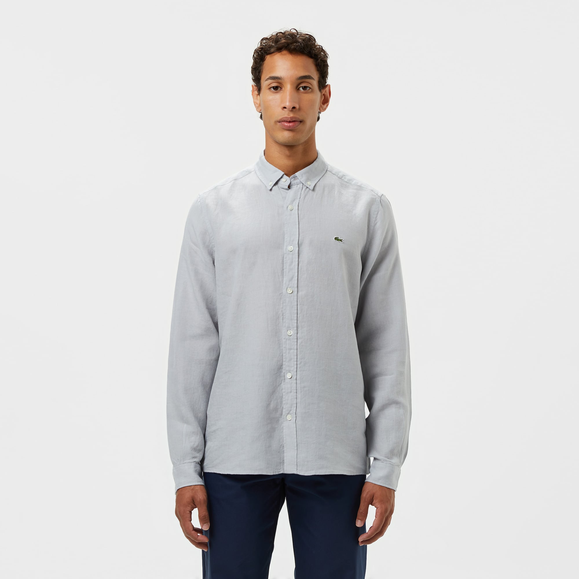 Lacoste Erkek Regular Fit Düğmeli Yaka Keten Gri Gömlek
