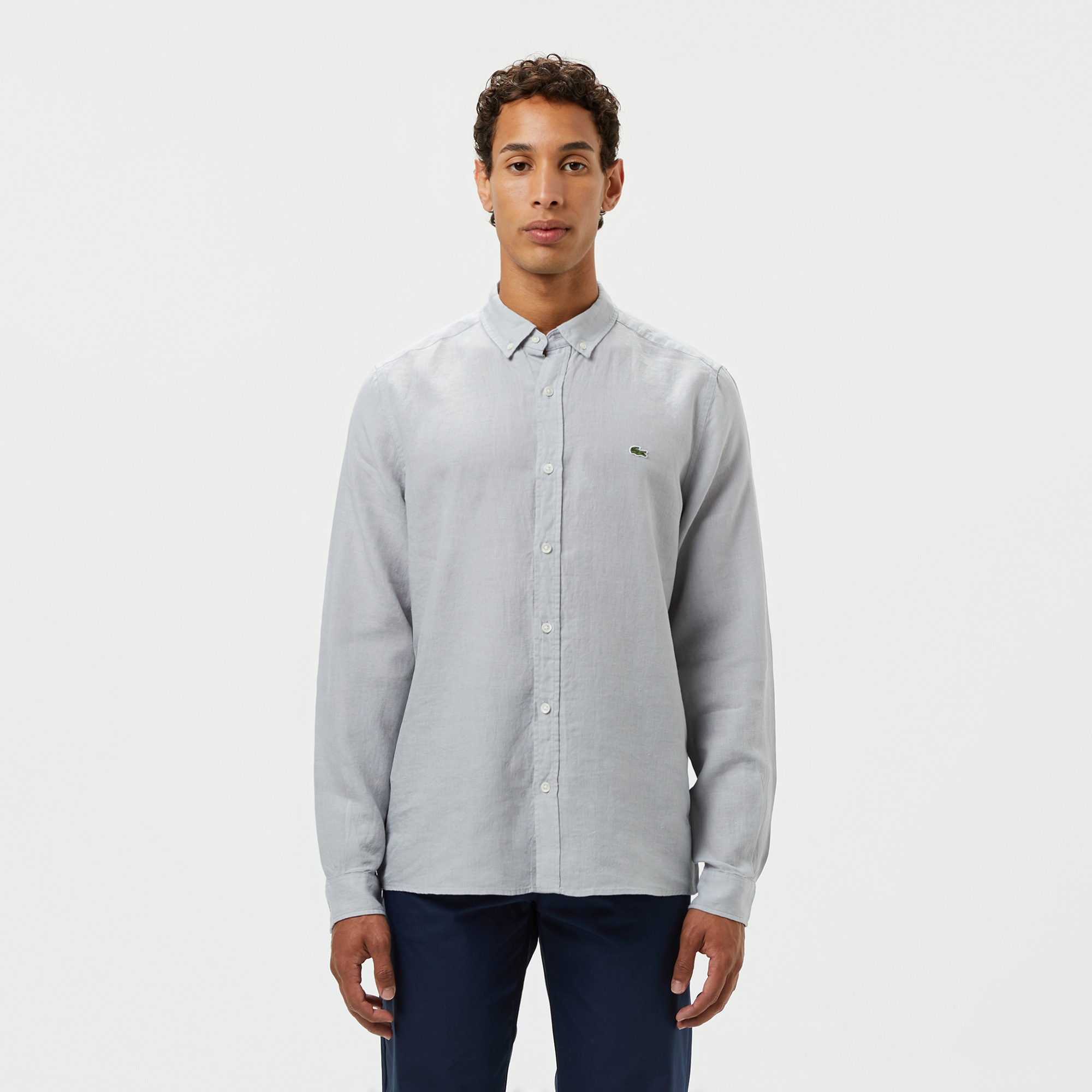 Erkek Regular Fit Düğmeli Yaka Keten Gri Gömlek