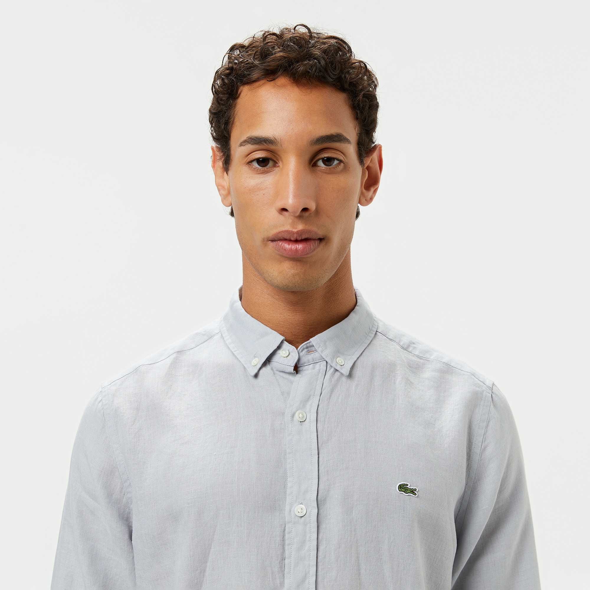 Erkek Regular Fit Düğmeli Yaka Keten Gri Gömlek