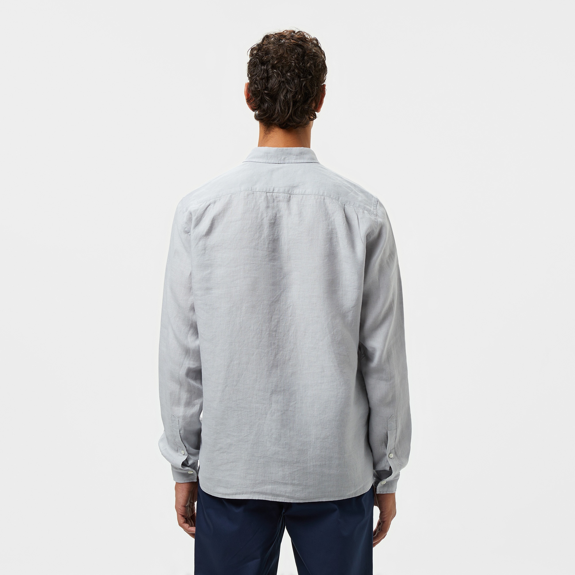Erkek Regular Fit Düğmeli Yaka Keten Gri Gömlek