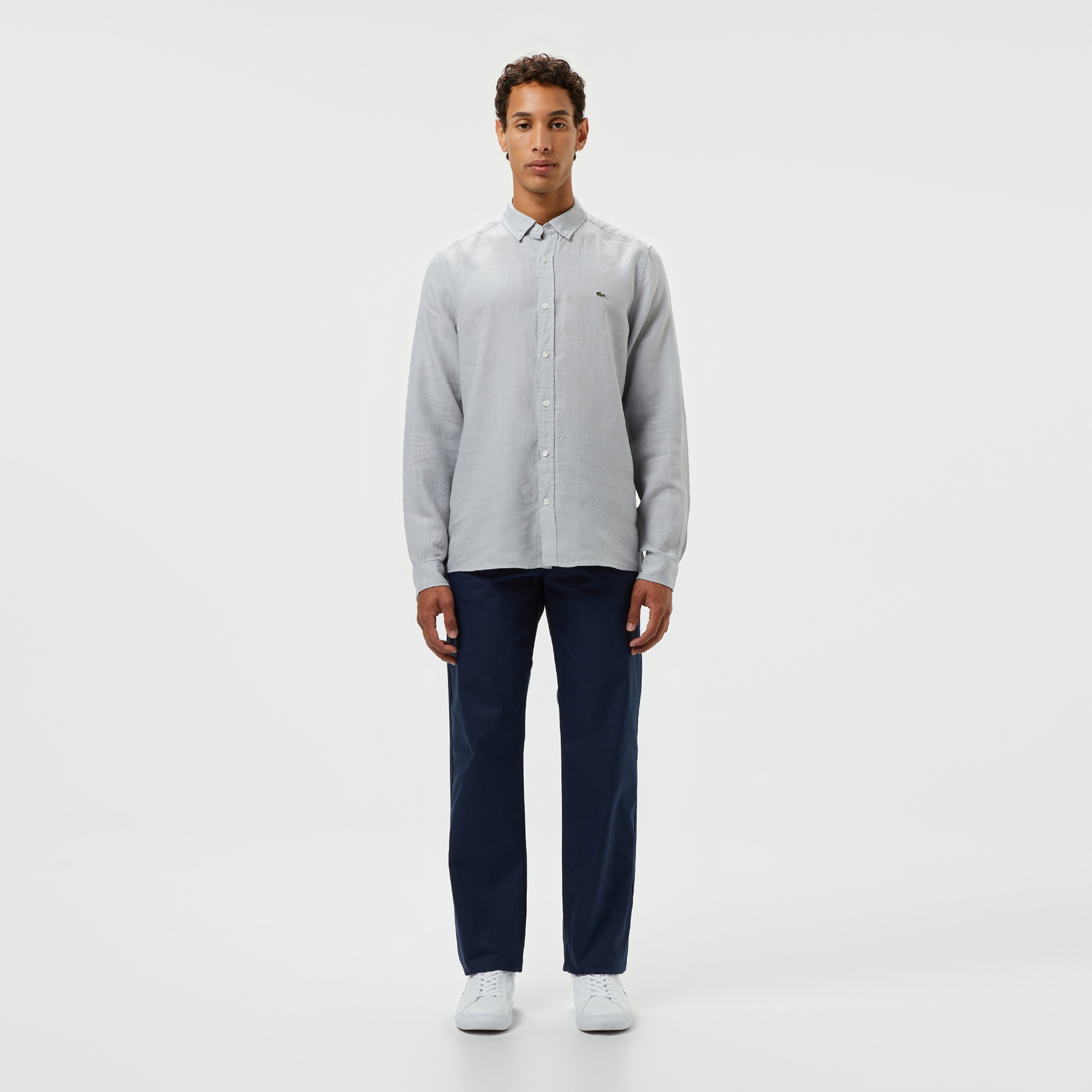 Erkek Regular Fit Düğmeli Yaka Keten Gri Gömlek