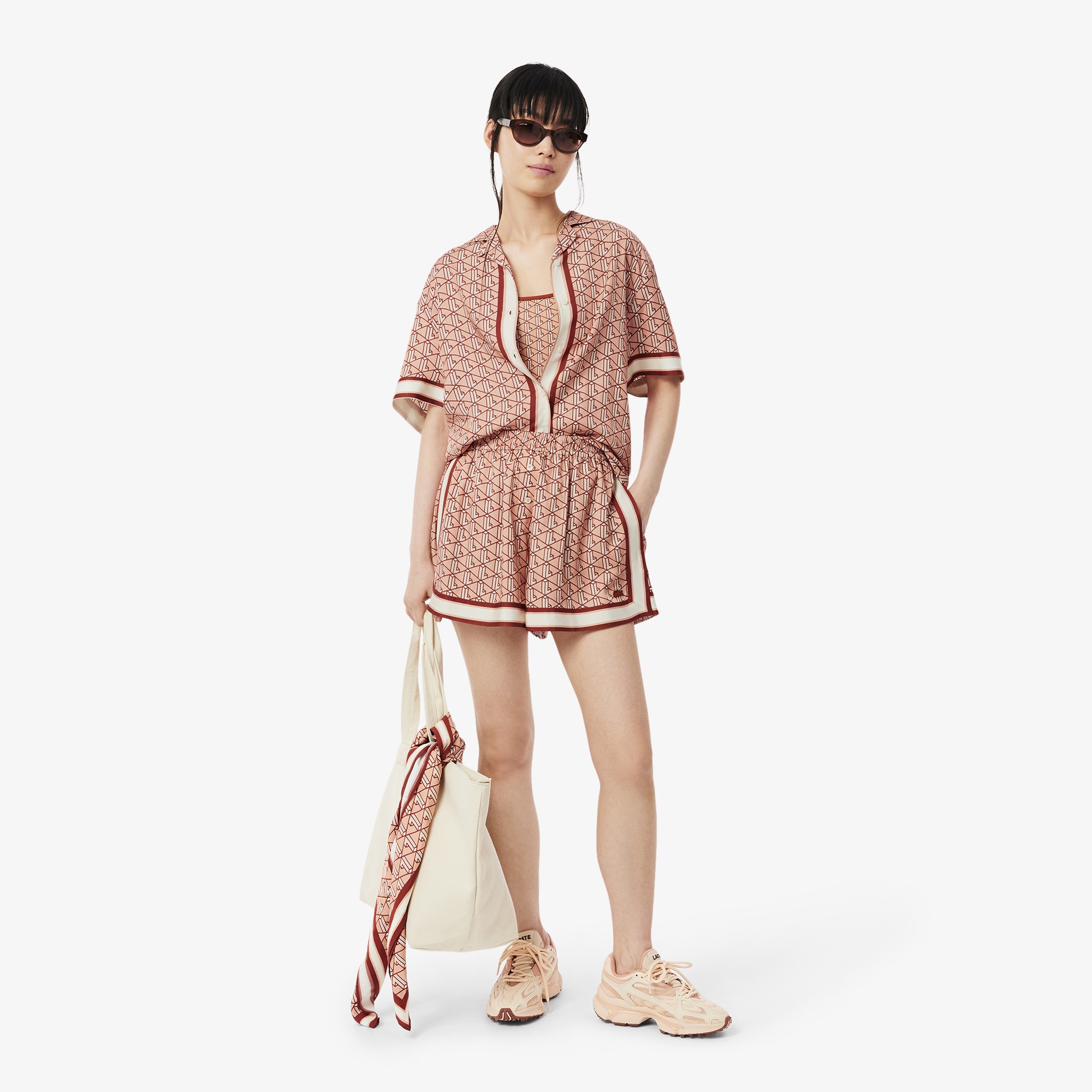 Lacoste Kadın Oversize Fit Kısa Kollu Monogram Bej Gömlek