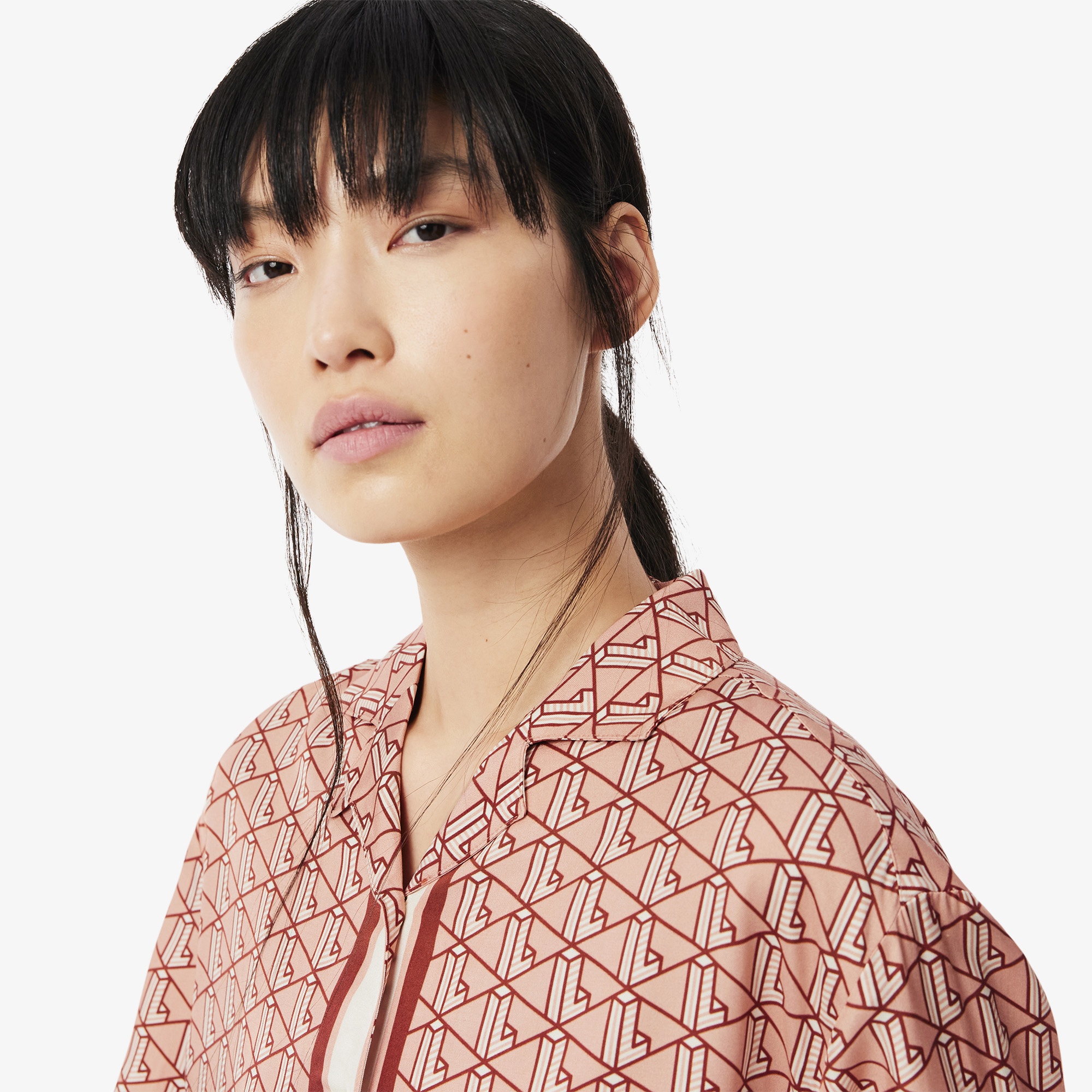 Lacoste Kadın Oversize Fit Kısa Kollu Monogram Bej Gömlek