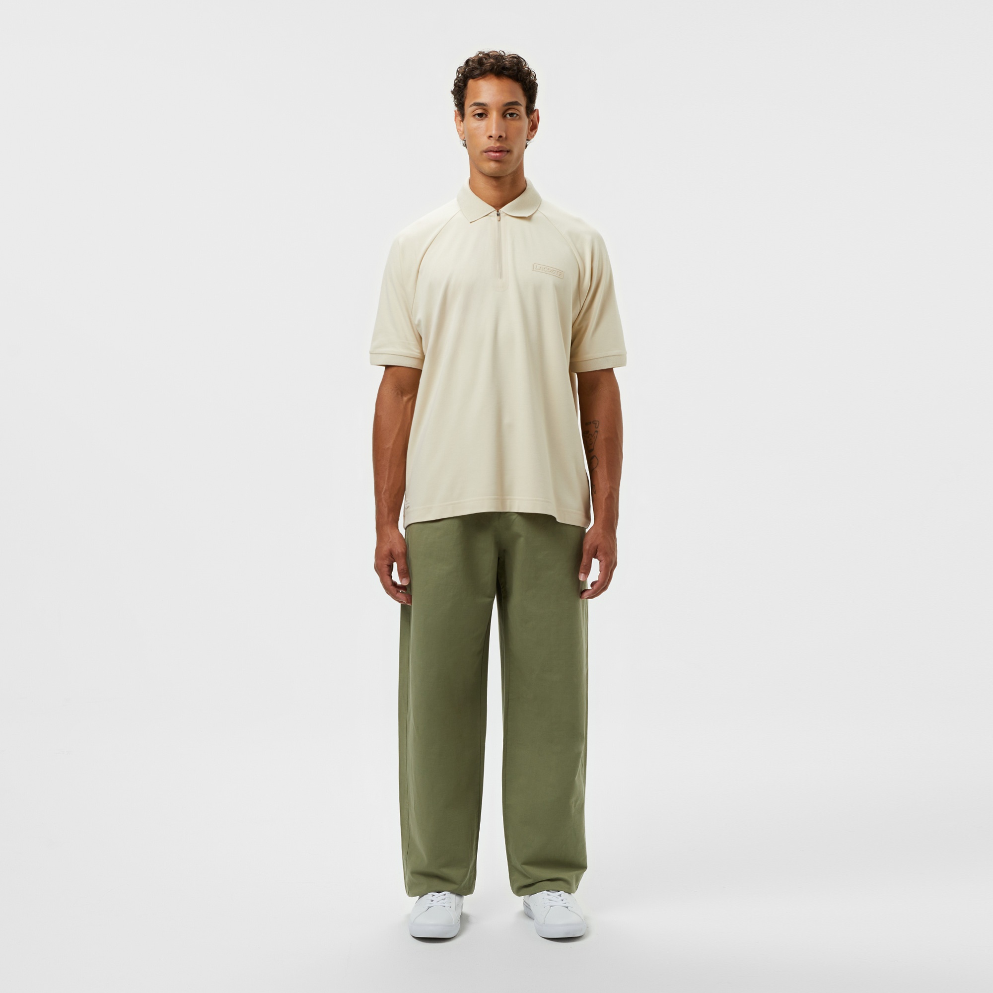Lacoste Erkek Oversize Fit Yarım Fermuarlı Bej Polo