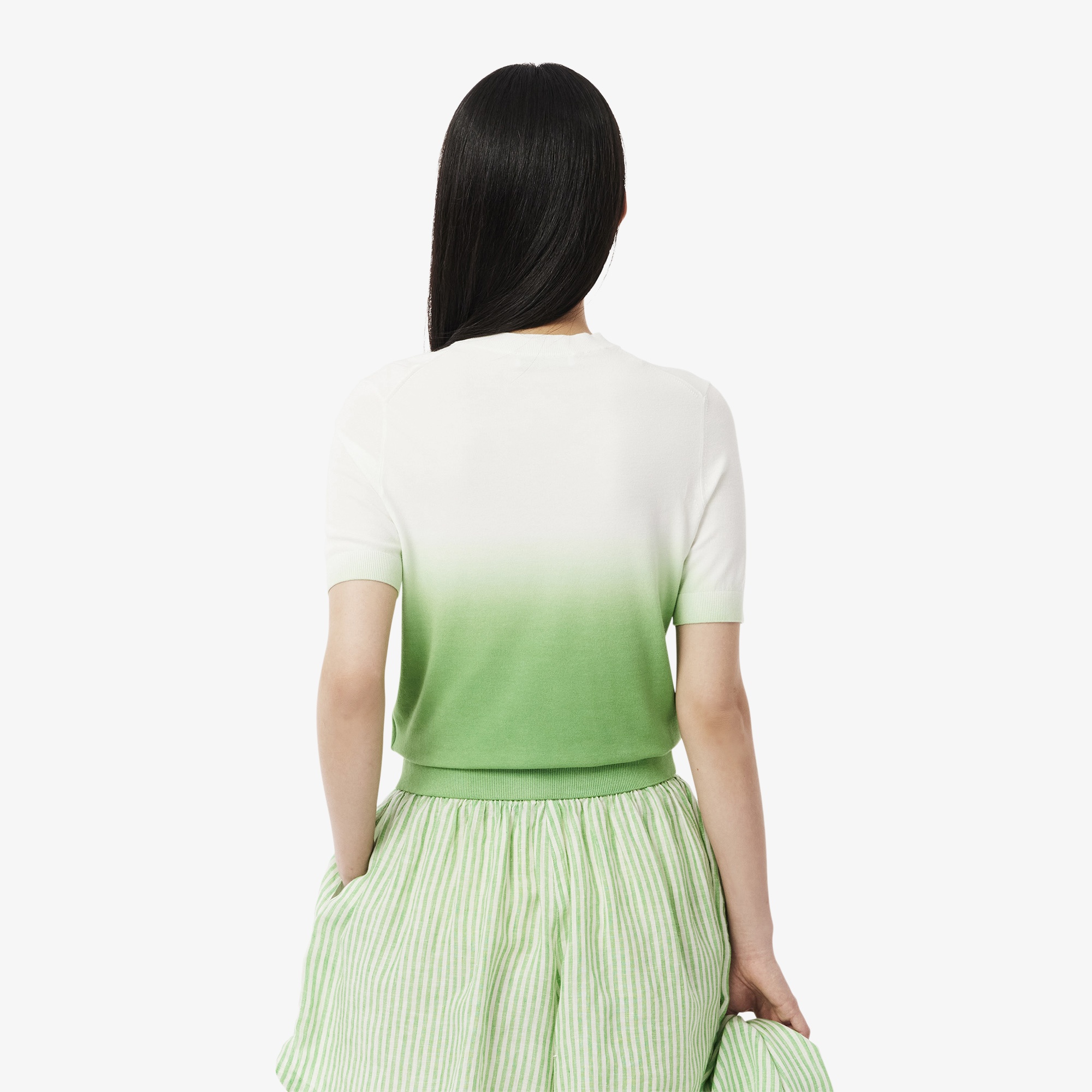 Lacoste Kadın Classic Fit Kısa Kollu Bisiklet Yaka Renk Bloklu Yeşil Triko