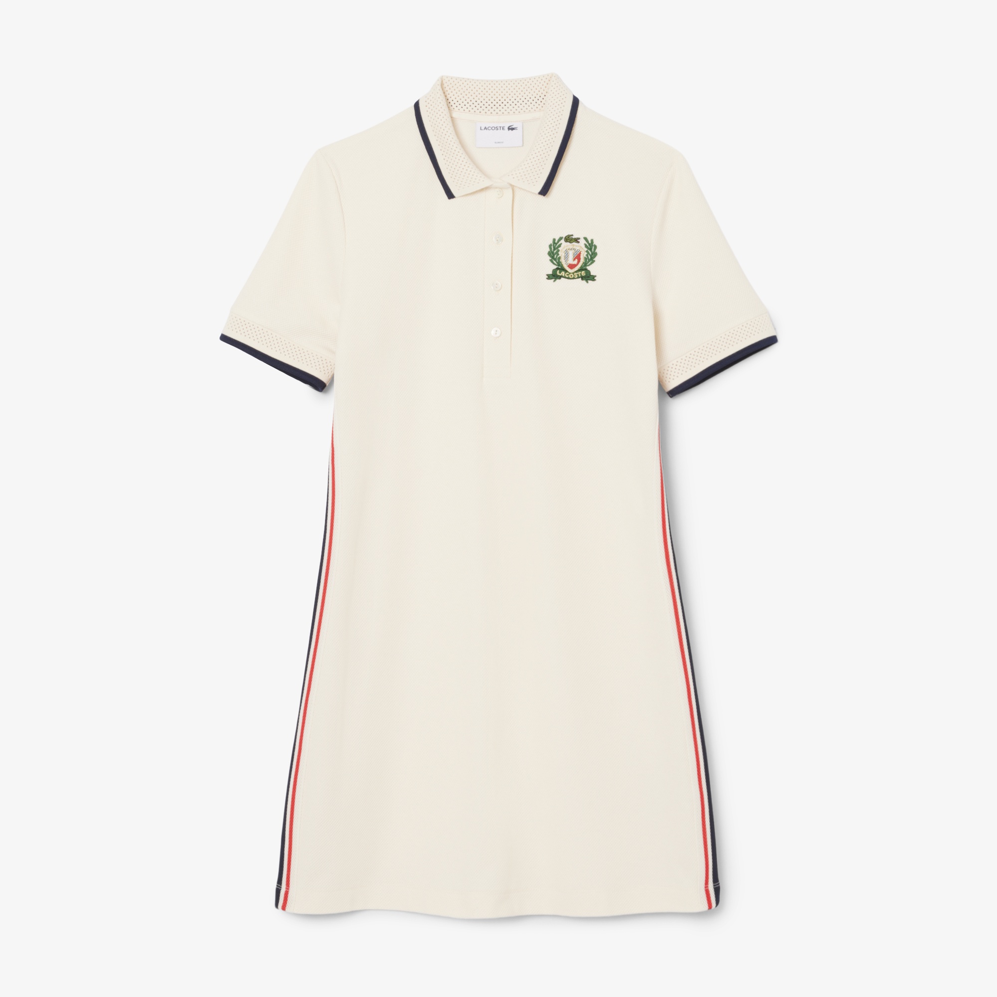 Lacoste Kadın Slim Fit Kısa Kollu Polo Yaka Renk Bloklu Krem Elbise