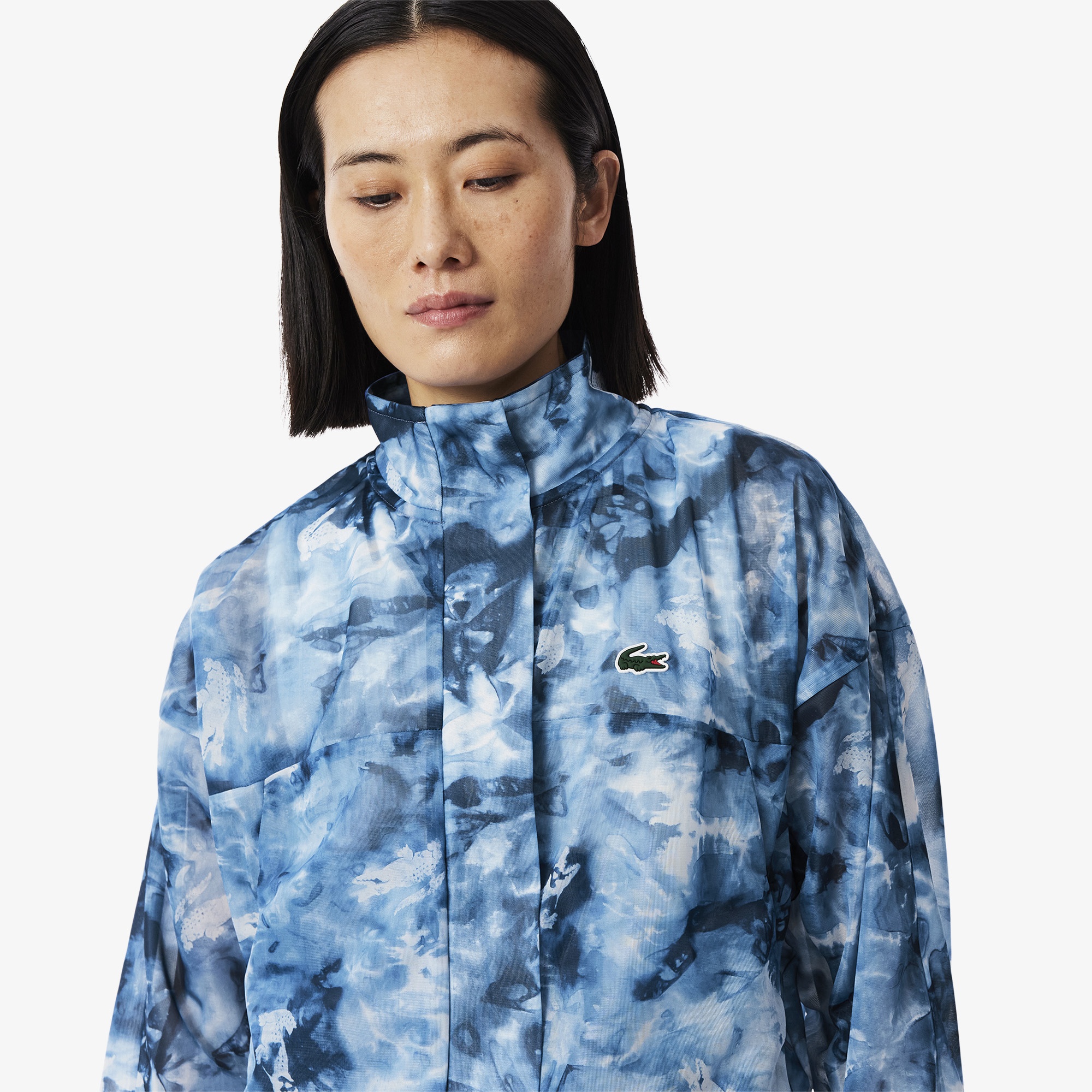 Lacoste Kadın Relaxed Fit Dik Yaka Desenli Mavi Ceket