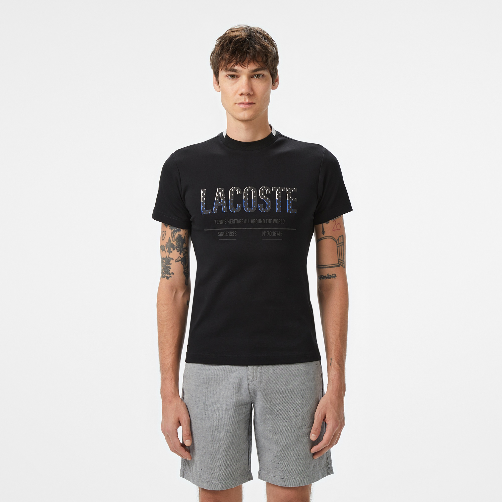 Lacoste Erkek Slim Fit Bisiklet Yaka Baskılı Siyah T-Shirt