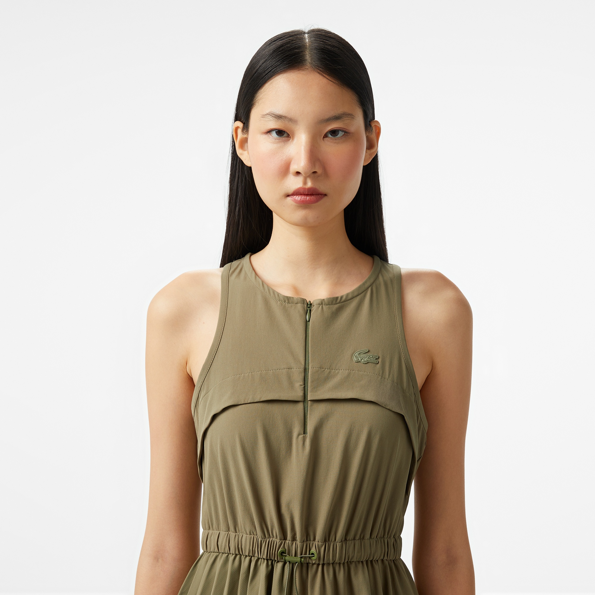 Lacoste Kadın Flare Fit Kolsuz Bisiklet Yaka Haki Elbise