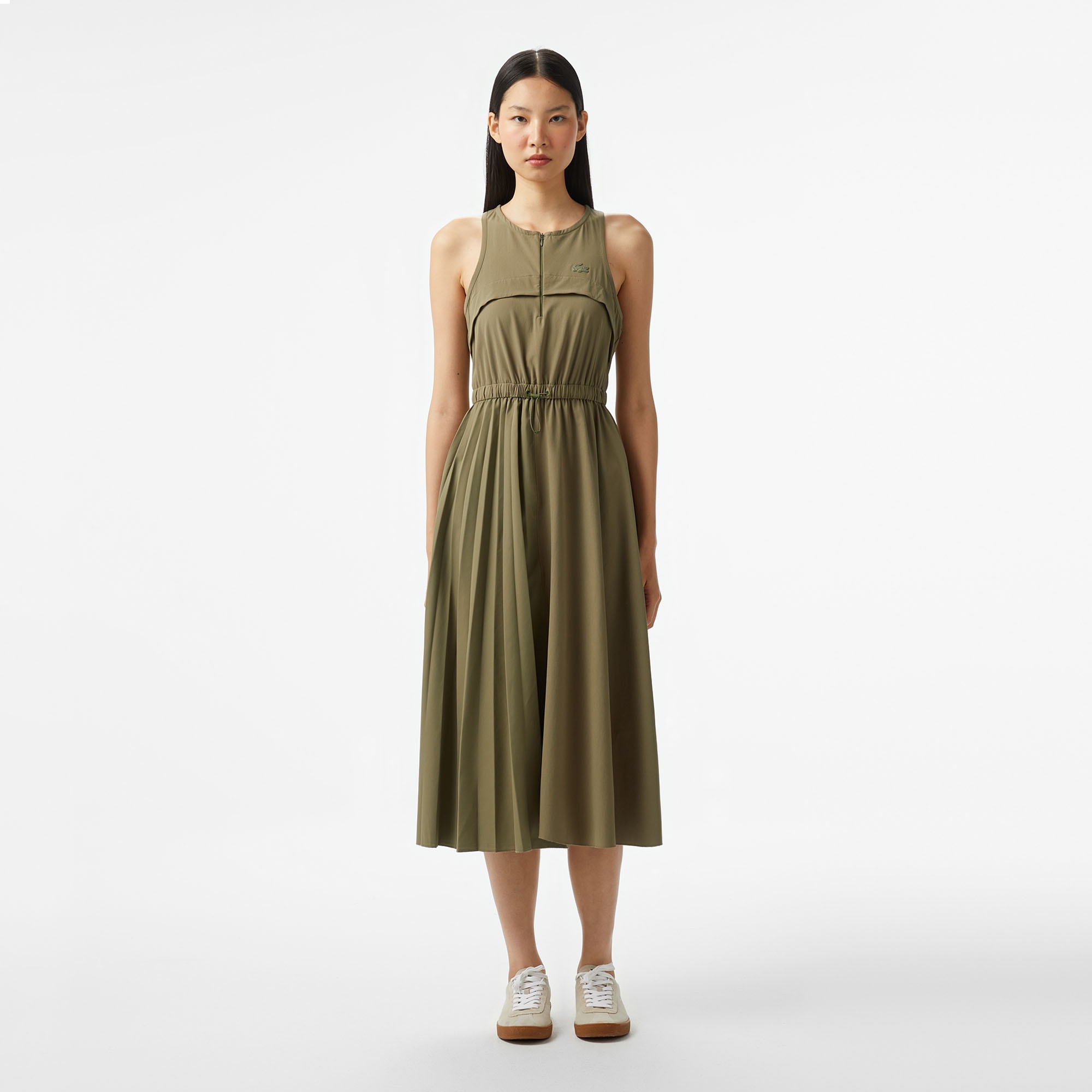 Lacoste Kadın Flare Fit Kolsuz Bisiklet Yaka Haki Elbise