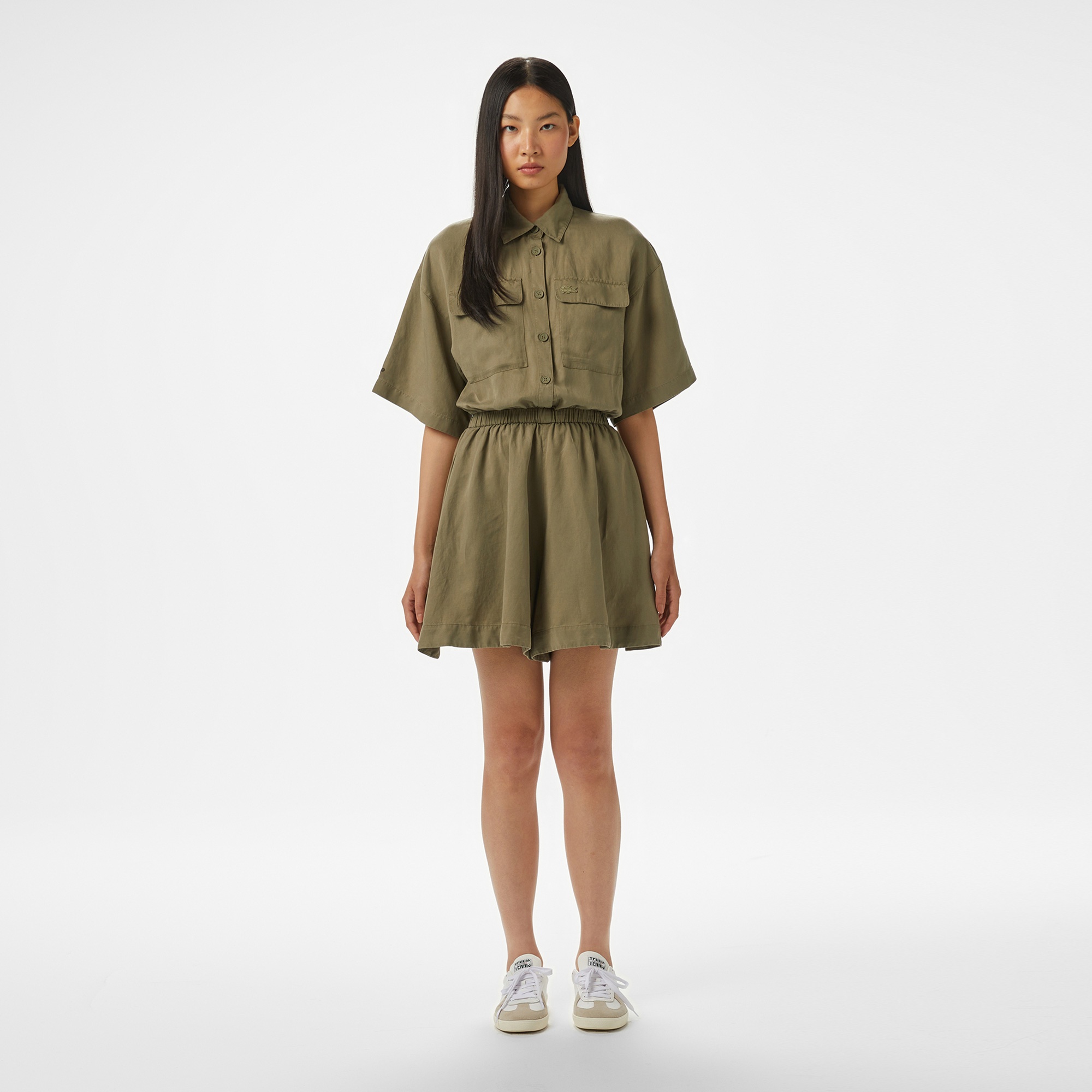 Lacoste Kadın Flare Fit Kısa Kollu Gömlek Yaka Haki Elbise