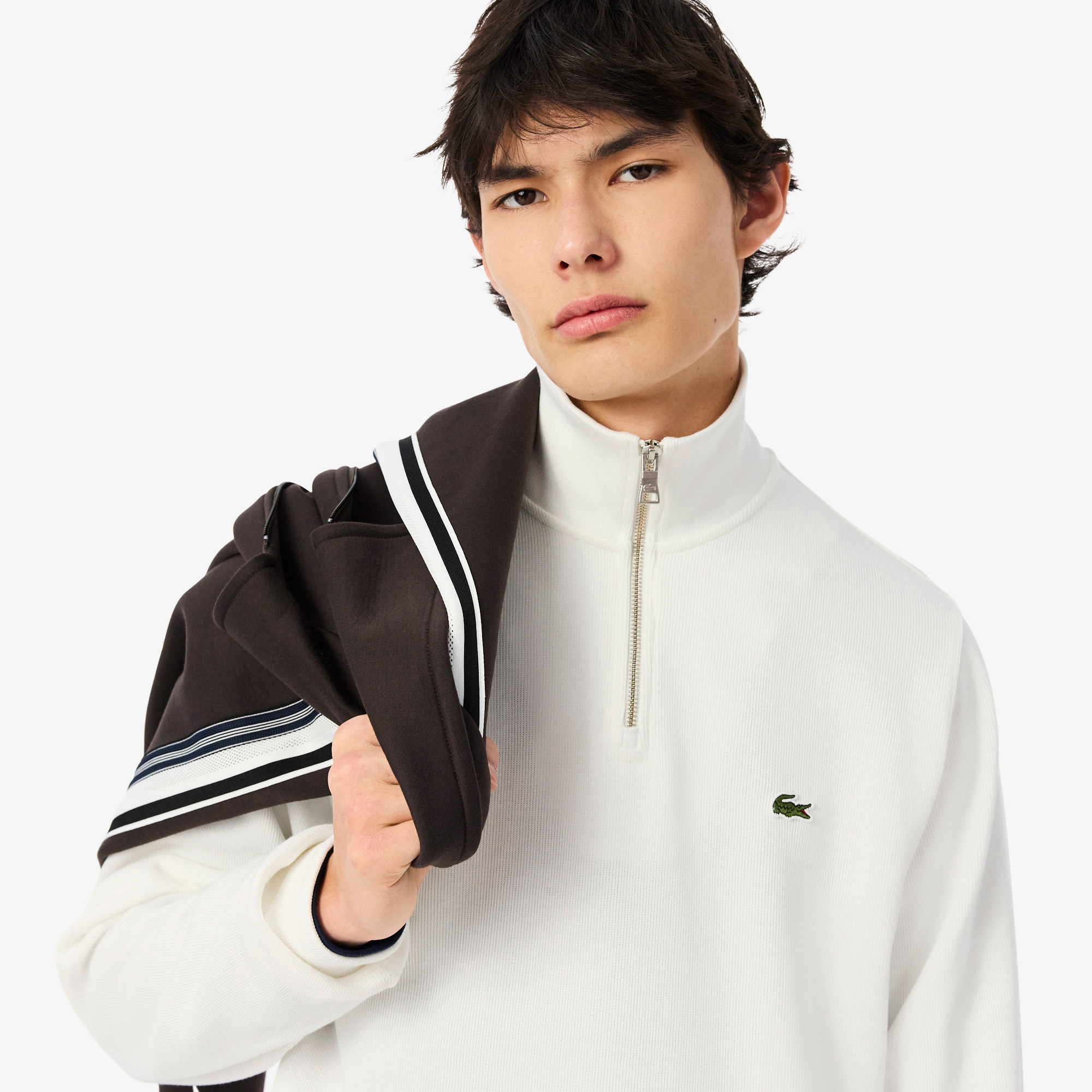 Erkek Classic Fit Yarım Fermuarlı Beyaz Sweatshirt