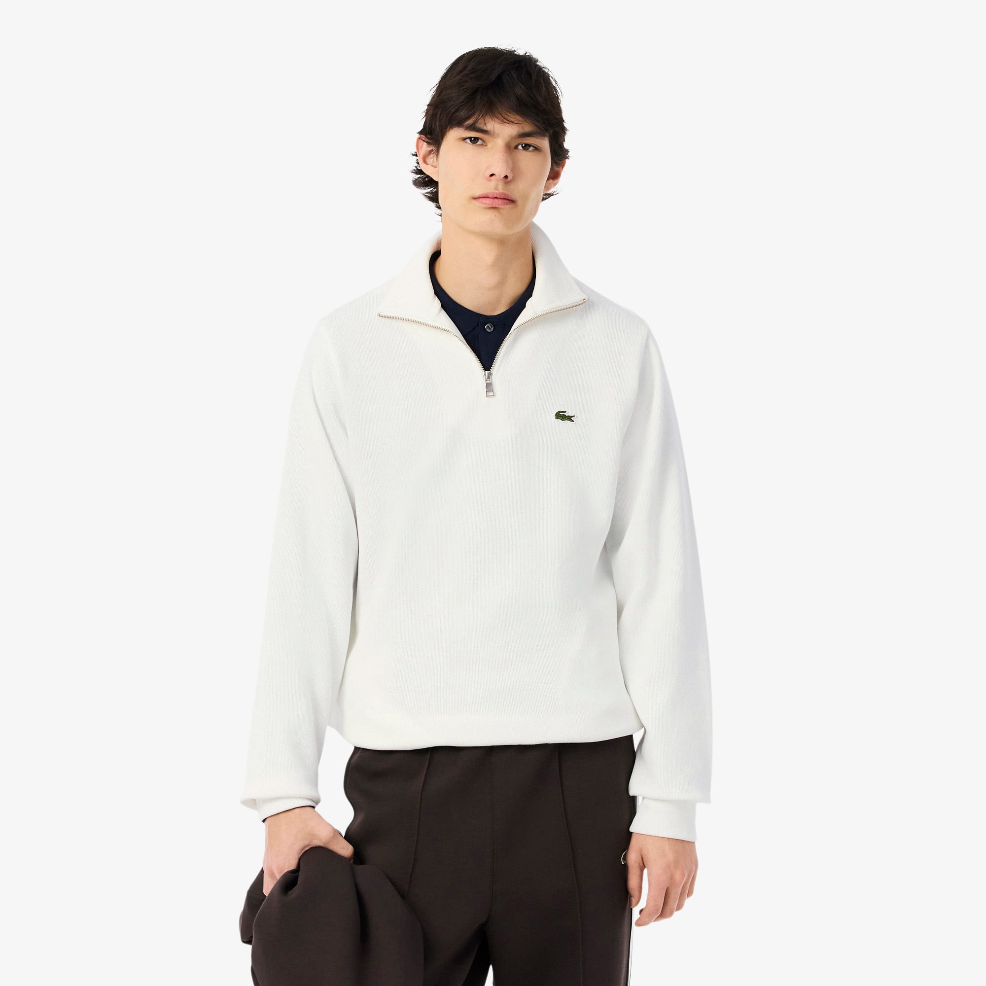 Lacoste Erkek Classic Fit Yarım Fermuarlı Beyaz Sweatshirt