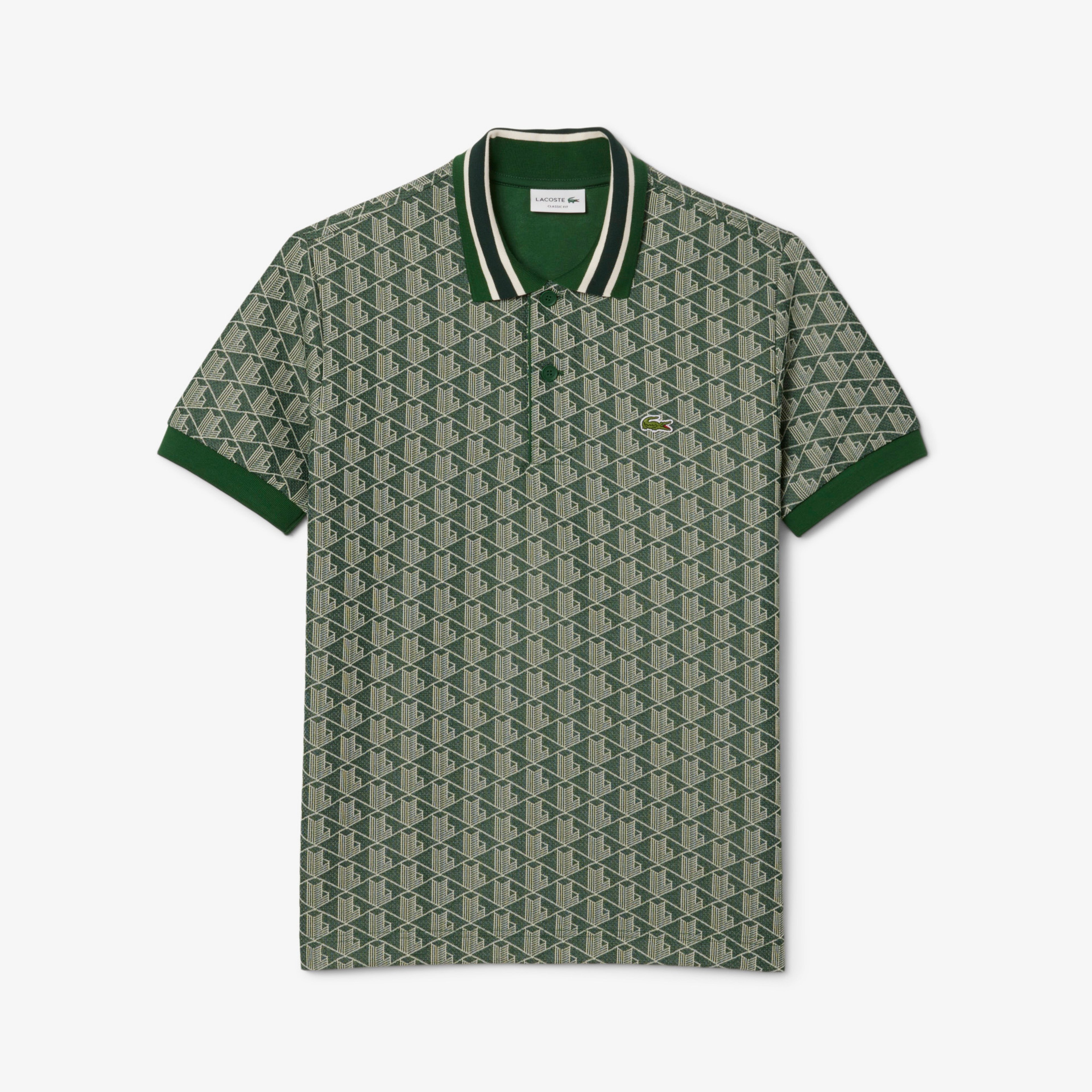 Erkek Classic Fit Monogram Yeşil Polo