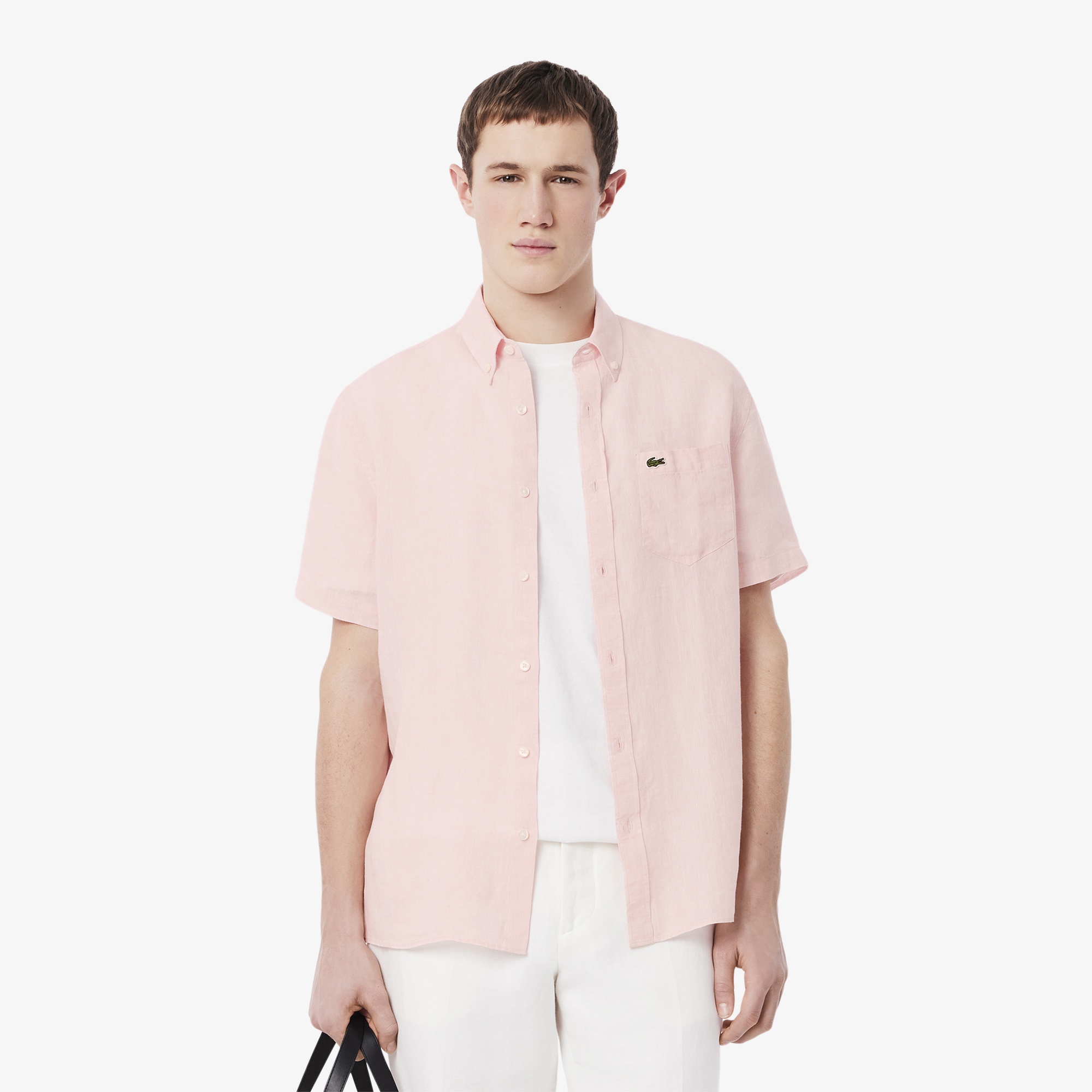 Lacoste Erkek Regular Fit Kısa Kollu Düğmeli Yaka Keten Açık Pembe Gömlek