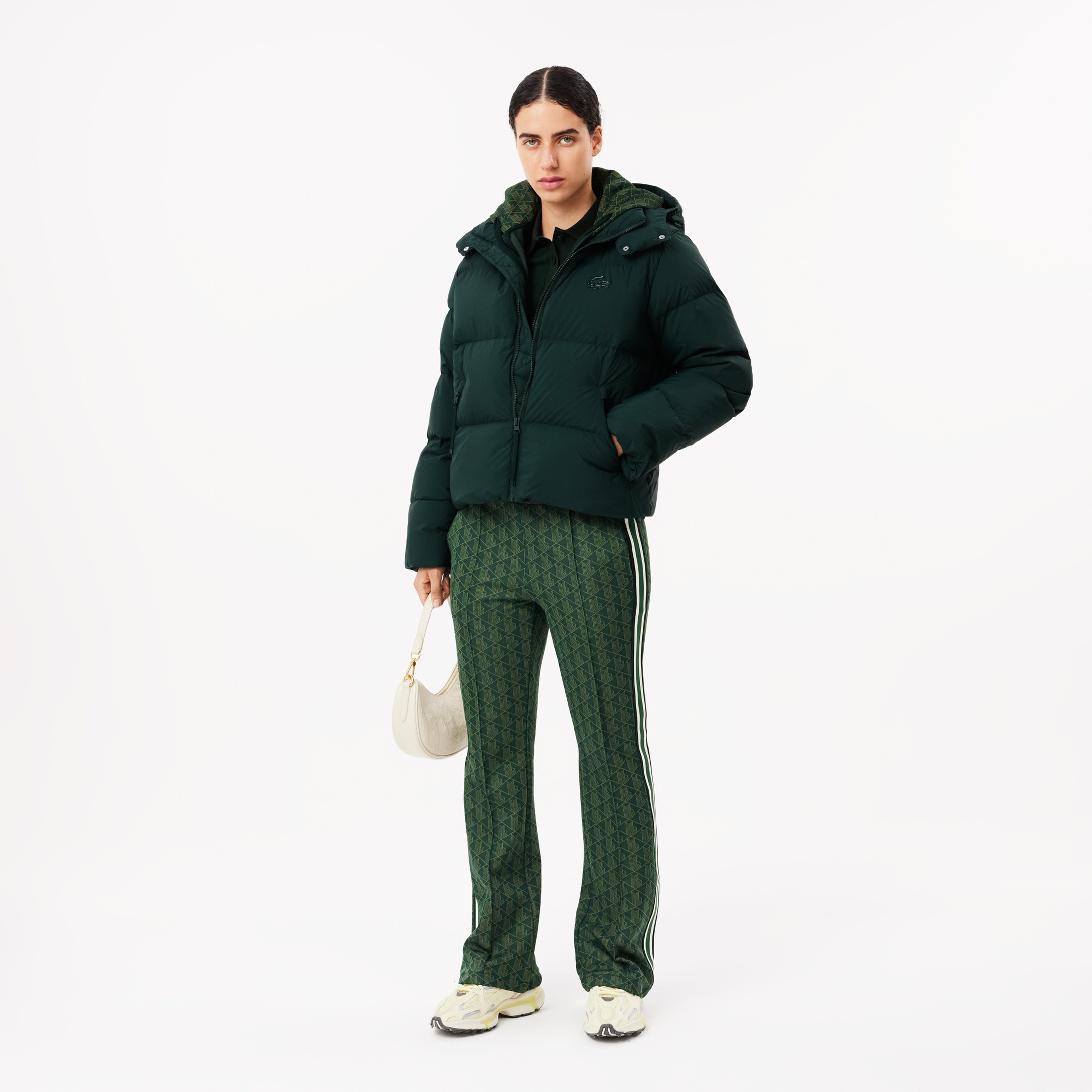 Kadın Relaxed Fit Kapüşonlu Koyu Yeşil Şişme Mont