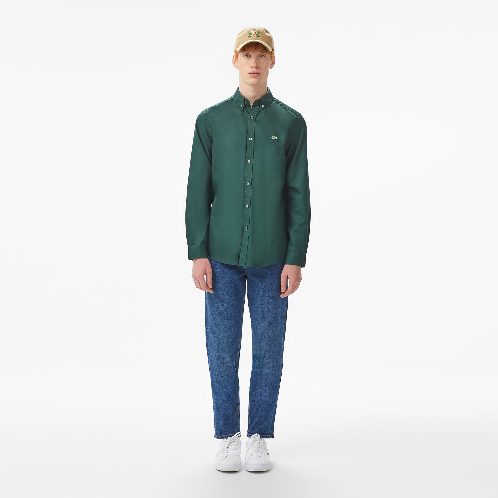 Erkek Slim Fit Düğmeli Yaka Koyu Yeşil Gömlek