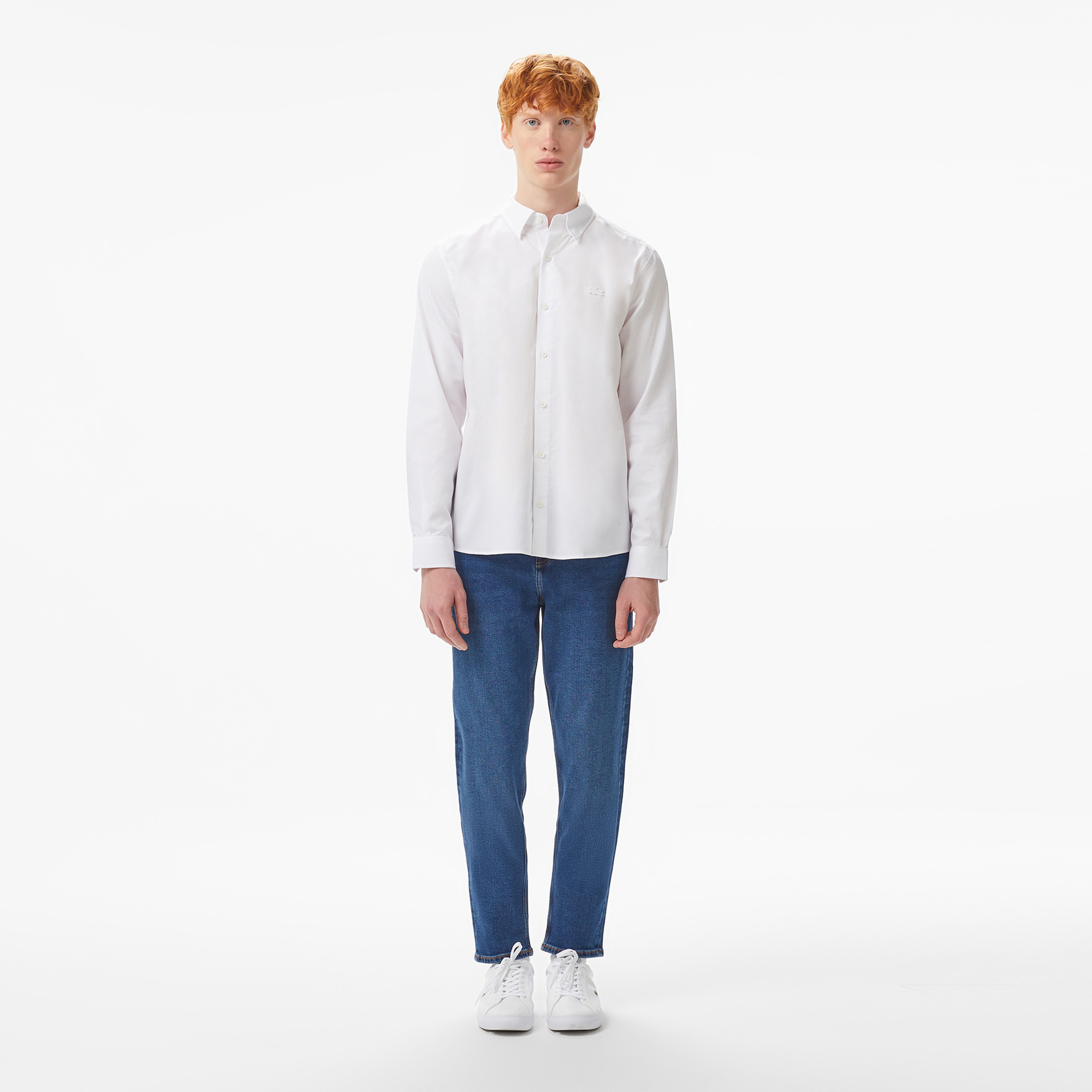 Erkek Slim Fit Düğmeli Yaka Beyaz Gömlek