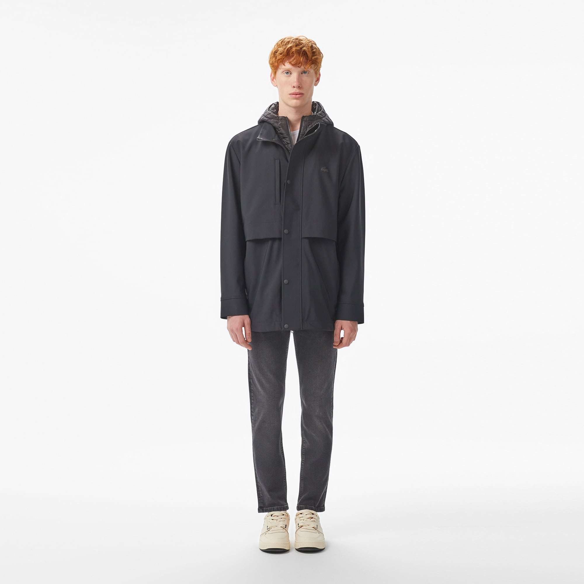 Erkek Kapüşonlu Siyah Trençkot