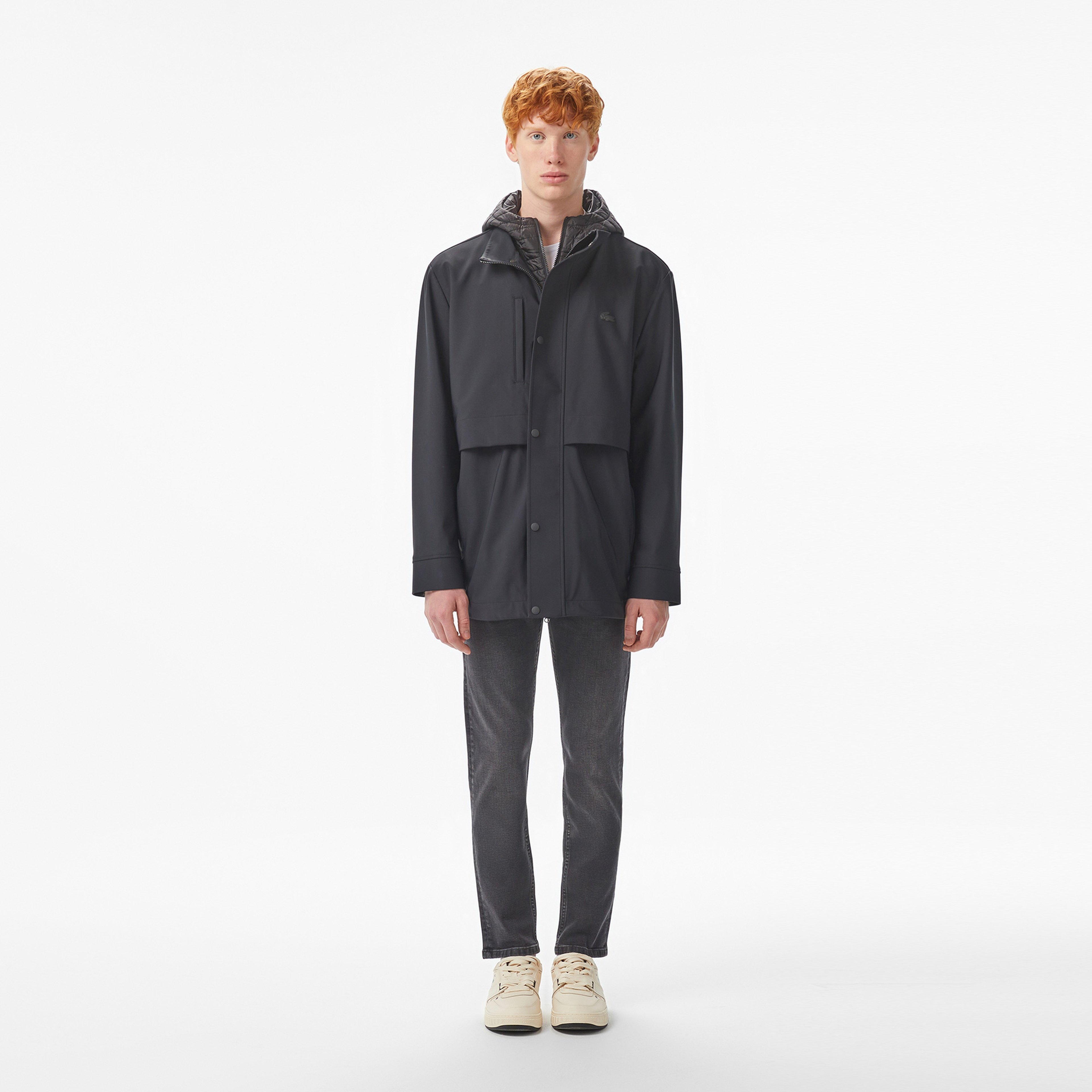 Erkek Kapüşonlu Siyah Trençkot